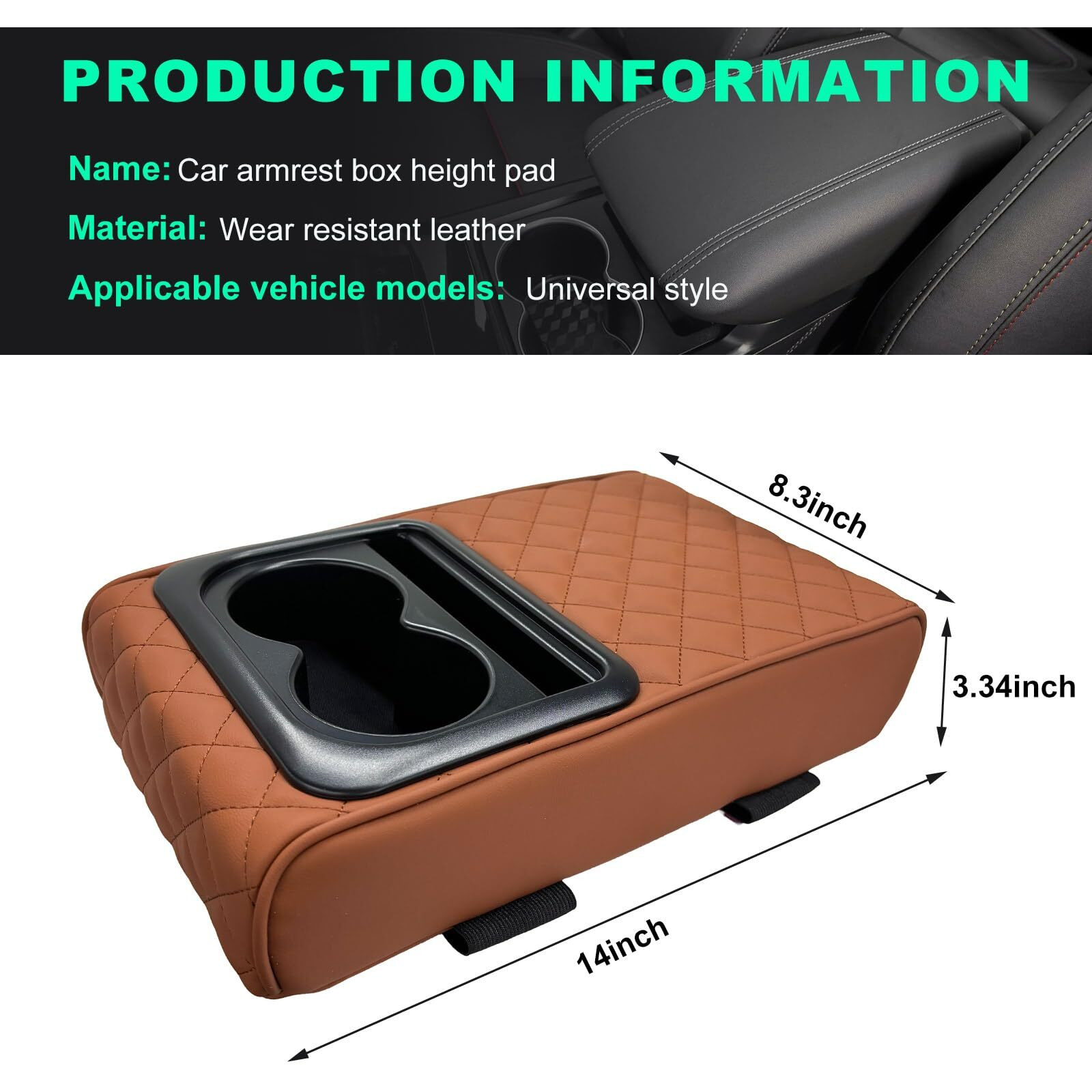 Suvnie Car Center Console Armrest Pillow, Memory Foam Auto Armrest Box Cover With Cup Holder & Phone Holder, Waterproof Leather Arm Rest Protector Cushion, Interior Car Accessories (Diamond, Brown)