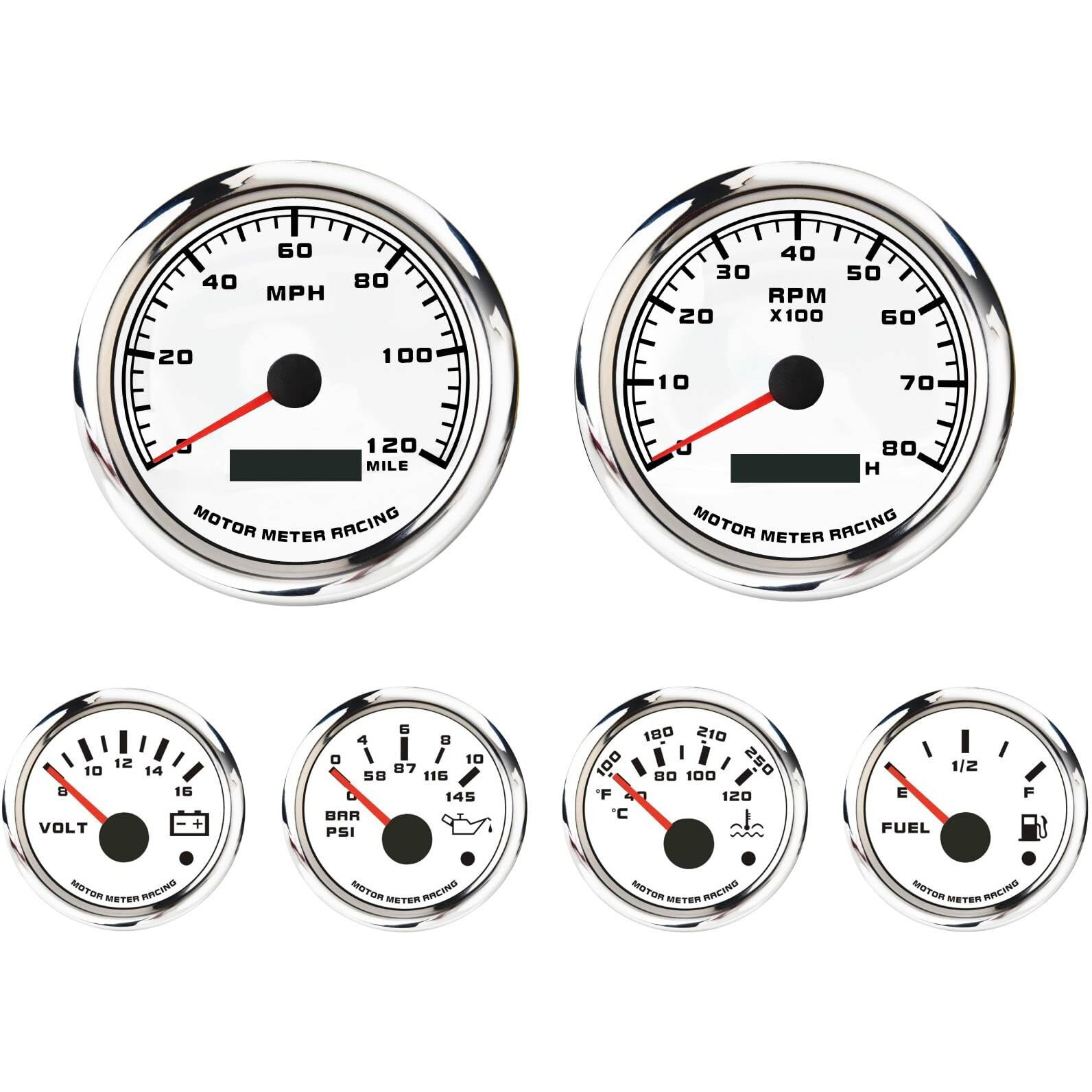 Motor Meter Racing W Pro Series 6 Gauge Set - 110Mm 4-3/8"" Gps Speedometer & Tachometer 52Mm 2-1/16"" Volt, Fuel Level, Water Temperature & Oil Pressure White Dial Red Led - For Car, Boat & Truck