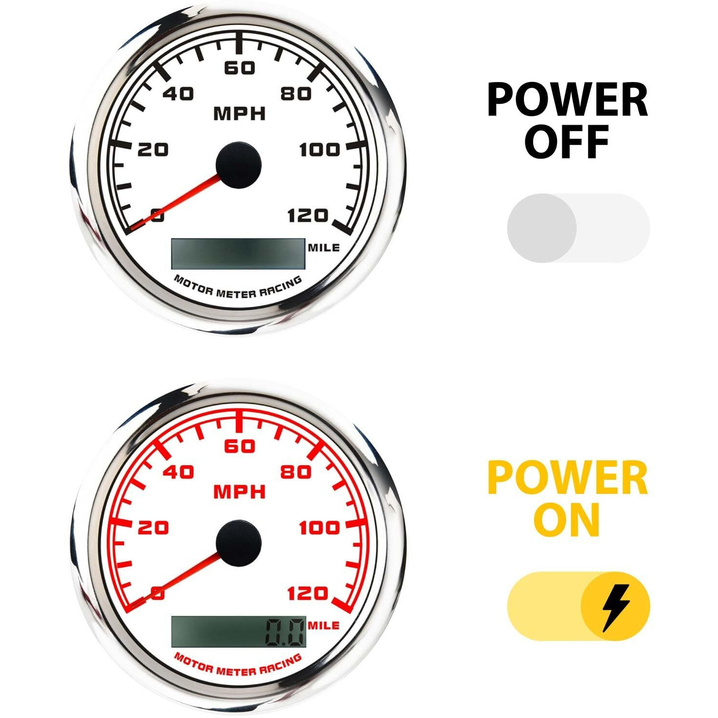 Motor Meter Racing W Pro Series 6 Gauge Set - 110Mm 4-3/8"" Gps Speedometer & Tachometer 52Mm 2-1/16"" Volt, Fuel Level, Water Temperature & Oil Pressure White Dial Red Led - For Car, Boat & Truck
