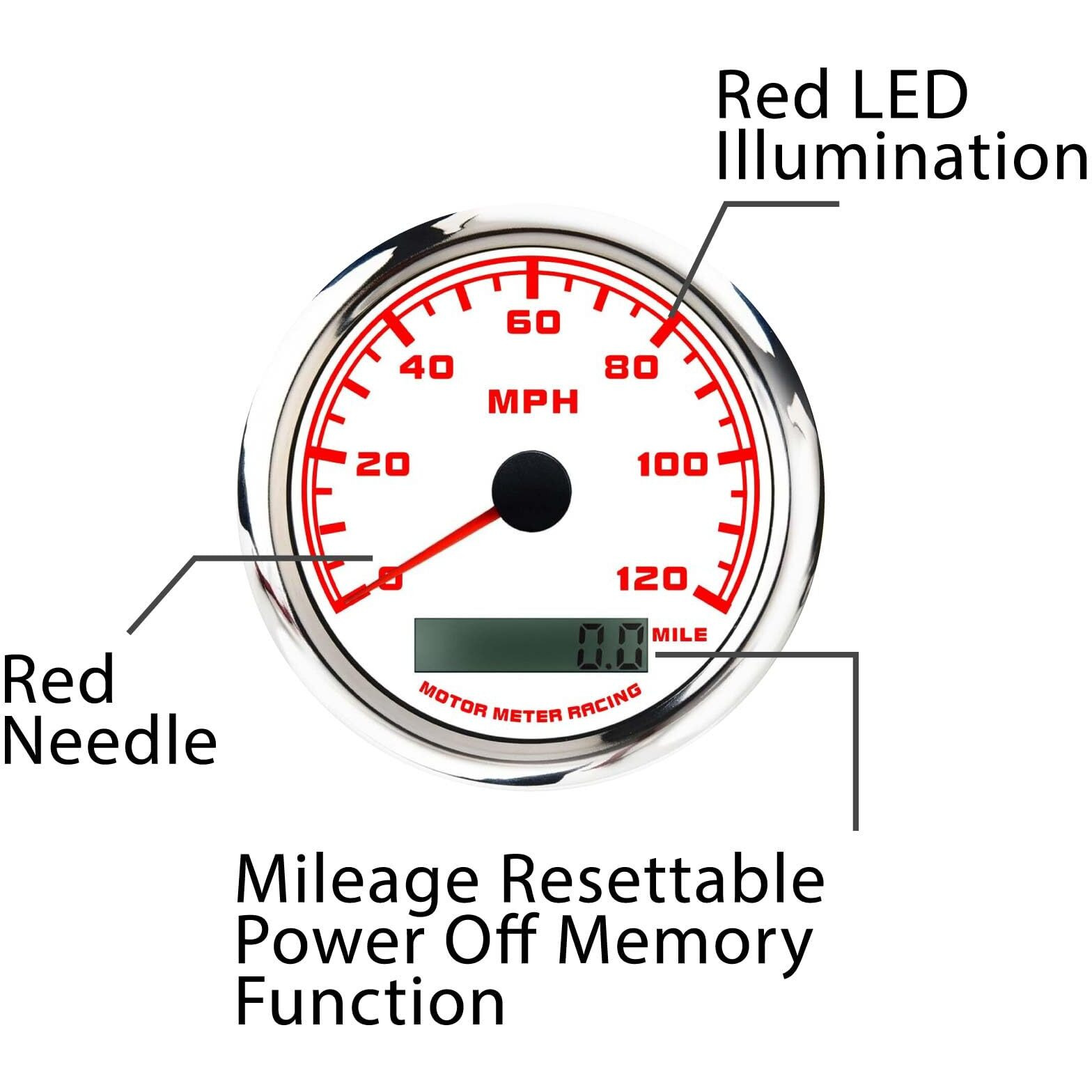 Motor Meter Racing W Pro Series 6 Gauge Set - 110Mm 4-3/8"" Gps Speedometer & Tachometer 52Mm 2-1/16"" Volt, Fuel Level, Water Temperature & Oil Pressure White Dial Red Led - For Car, Boat & Truck