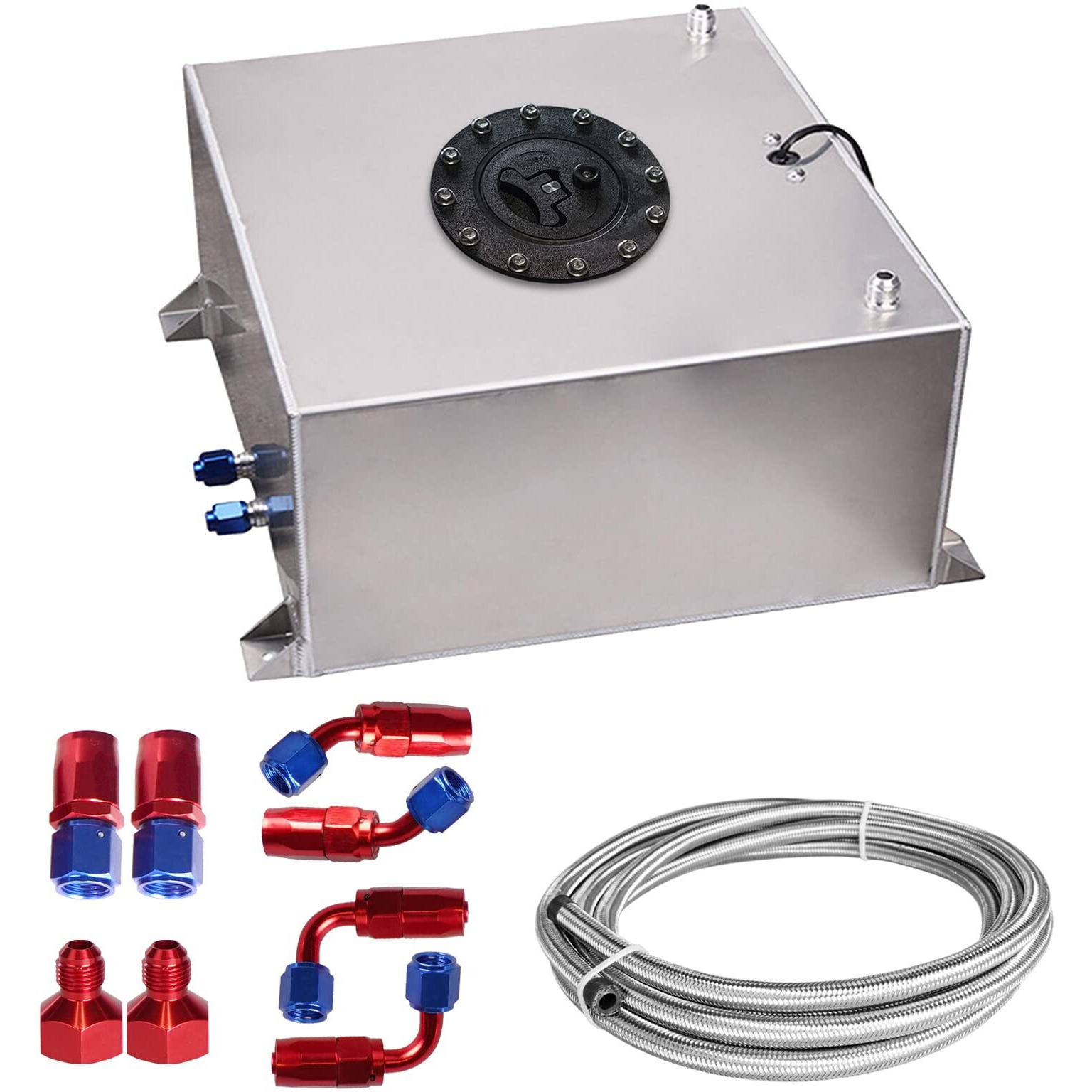 Edicapo Universal 10 Gallon 40L Fuel Cell Tank Polished Aluminum Silver With Cap/Level Sender/12Ft Oil Feed Line