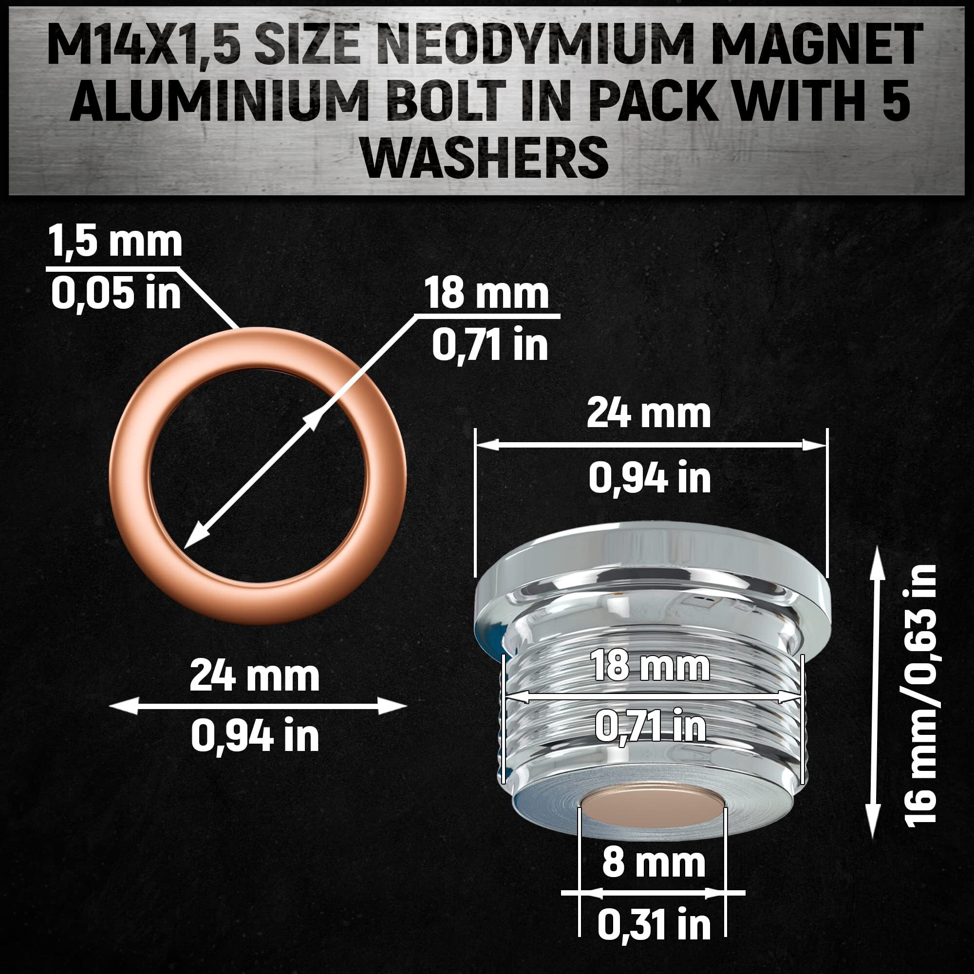 Magnetic Oil Drain Plug M18X1.5 - Neodymium Magnet Aluminum Bolt - With 5 Cooper Washer - Heavy Duty Oil Drain Plug - Anti Leakage Replacement For Car Motorcycle Boat By Automajor