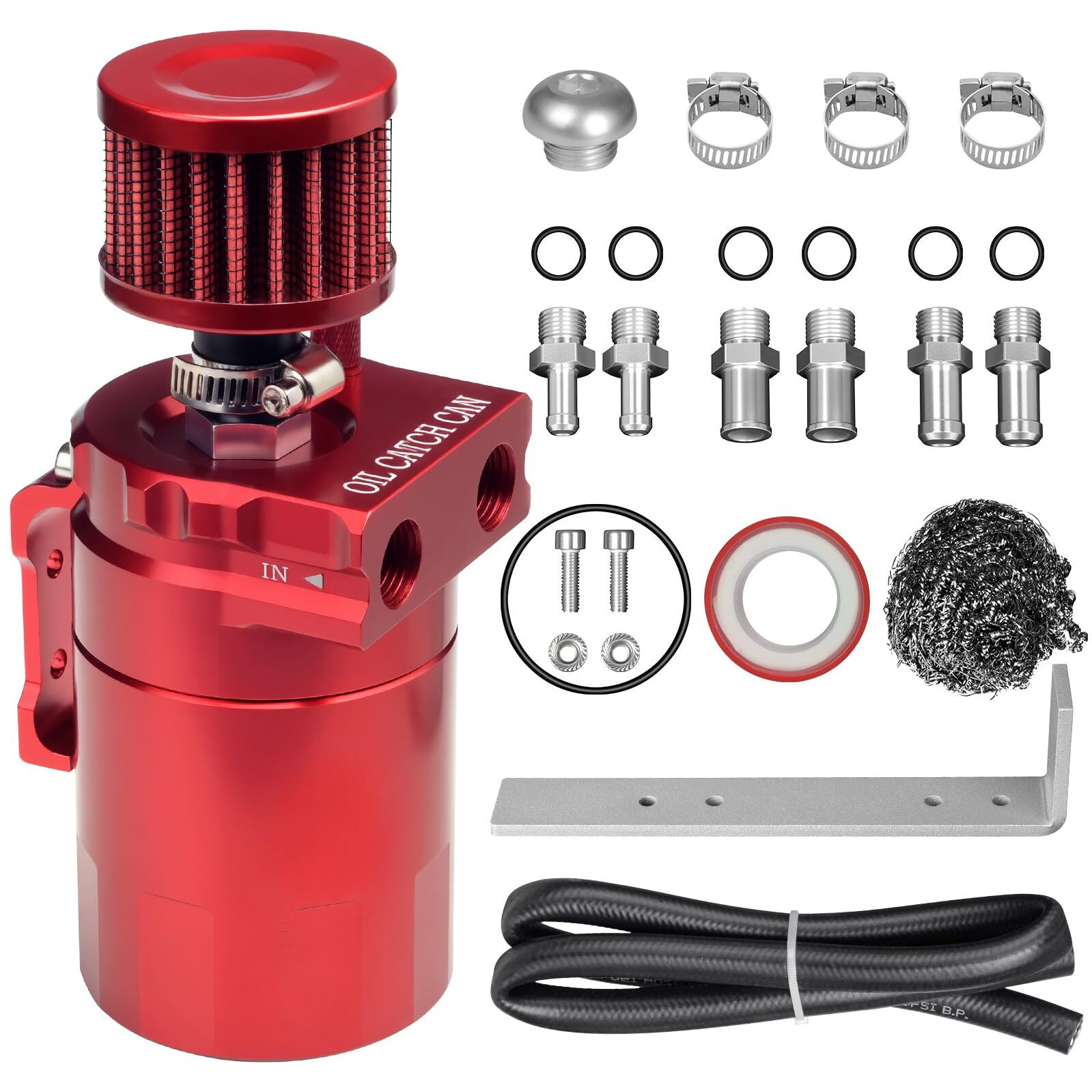 Vehimata Oil Catch Can Kit, 300Ml Universal Baffled Catch Can With Breather Filter, Air Oil Separator Tank With 2.6Ft Nbr Fuel Hose For Pcv System Aluminum Red