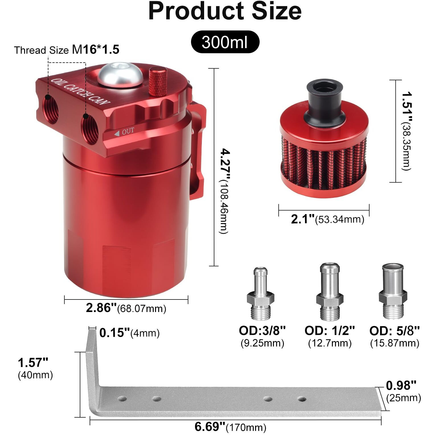 Vehimata Oil Catch Can Kit, 300Ml Universal Baffled Catch Can With Breather Filter, Air Oil Separator Tank With 2.6Ft Nbr Fuel Hose For Pcv System Aluminum Red