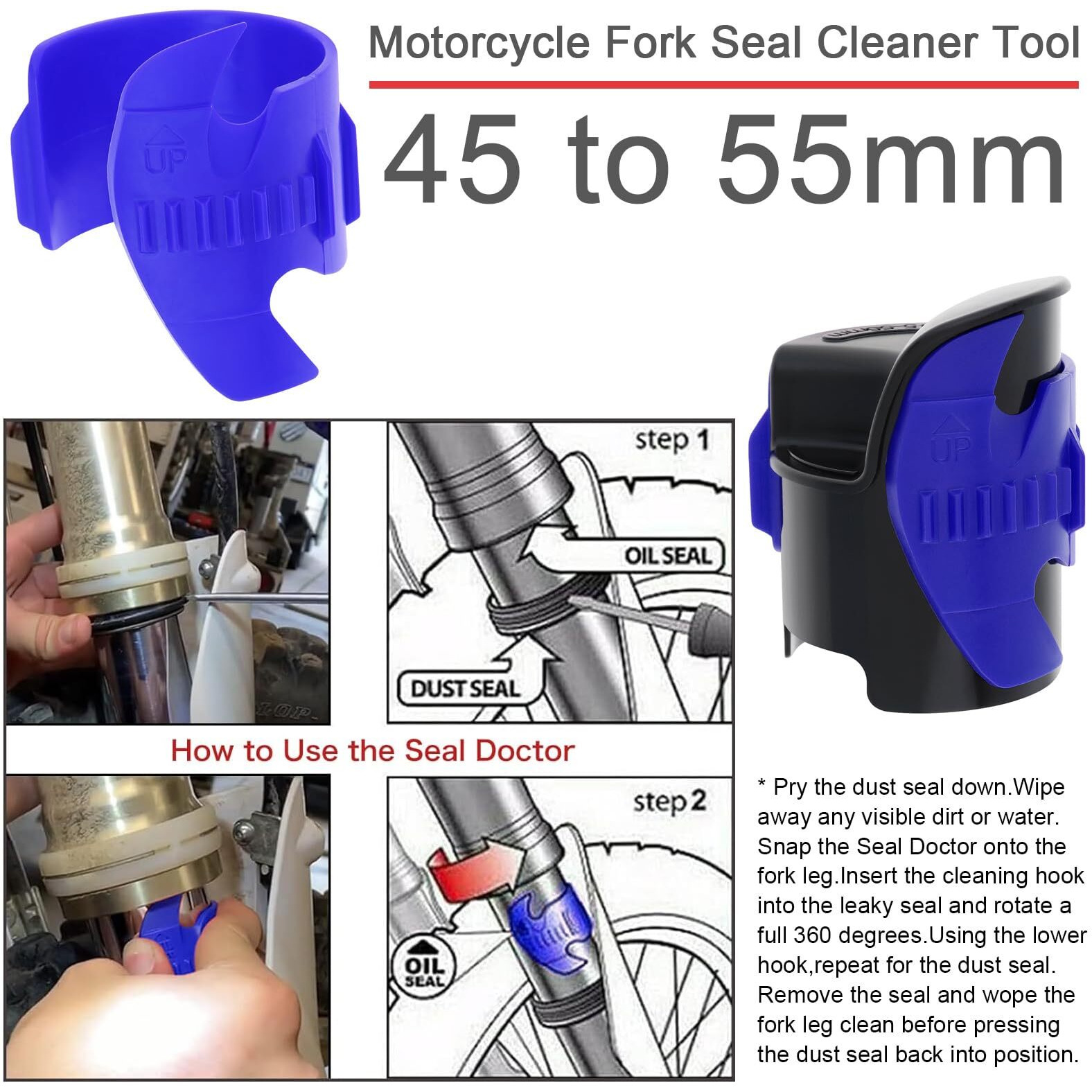 Windance Motorcycle Front Fork Maintenance Tool Kit,Fork Seal Saver Cleaner 45Mm-55Mm Shock Repairing Tool + Fork Suspension Oil Level Measurement Gauge Oil Syringe Tool (Blue)