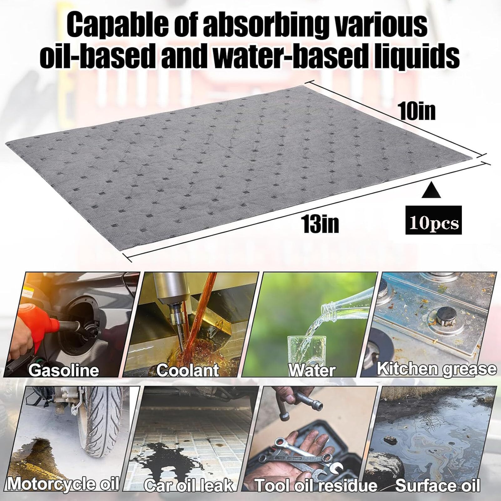 Gvwoye Oil Absorbent Pads - Oil Spill Mat Water Absorbent Mat, Universal Leak, Drip, And Spill Control High Absorbing Pads, 13"" X 10"", Pack Of 10