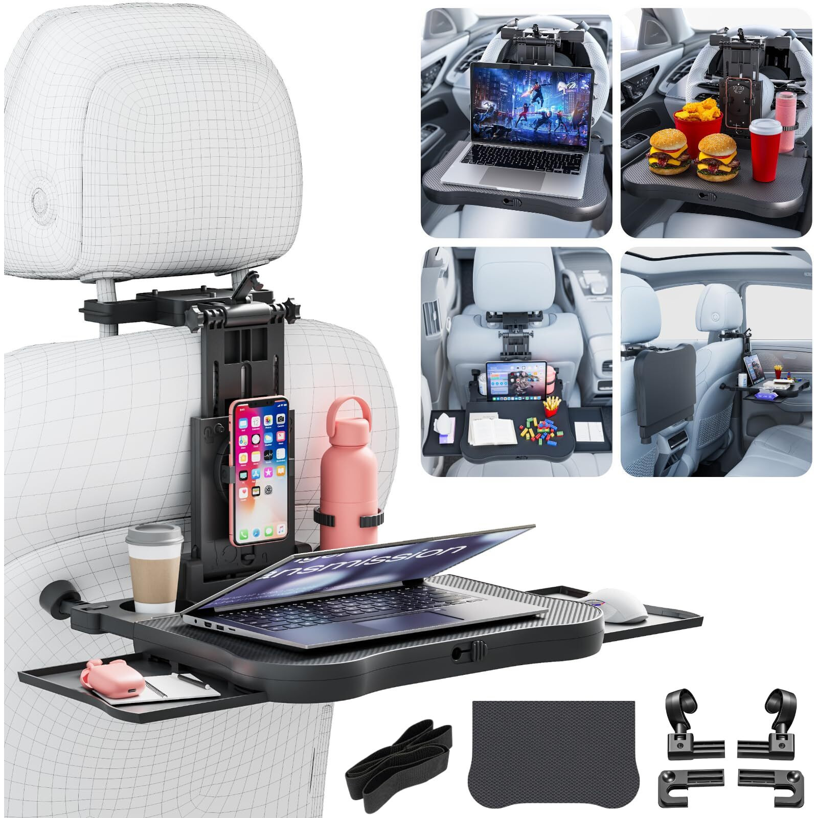 Large Car Desk For Laptop | Steering Wheel Tray Table | Foldable Back Headrest Seat Eating Food Trays With Drinks Cupholder Phone Tablet Holder For Kids | Car Travel Essentials For Long Trips