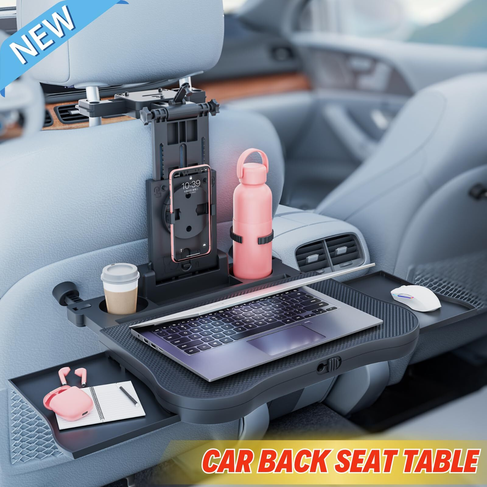 Large Car Desk For Laptop | Steering Wheel Tray Table | Foldable Back Headrest Seat Eating Food Trays With Drinks Cupholder Phone Tablet Holder For Kids | Car Travel Essentials For Long Trips