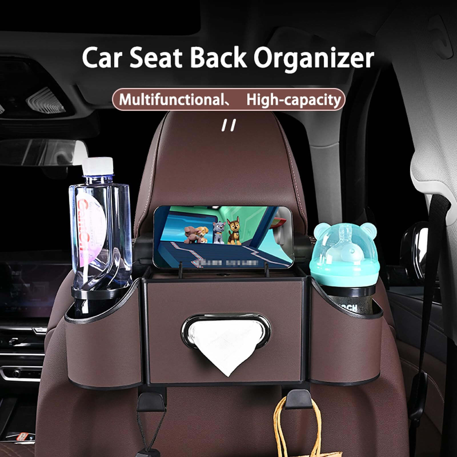 Joezhe Back Seat Car Organizer,4 In 1 Multifunctional Car Back Seat Storage Box With Drink Cup Holder Tissue Box, For Hold Phone,Snacks, Drinks, Handbag