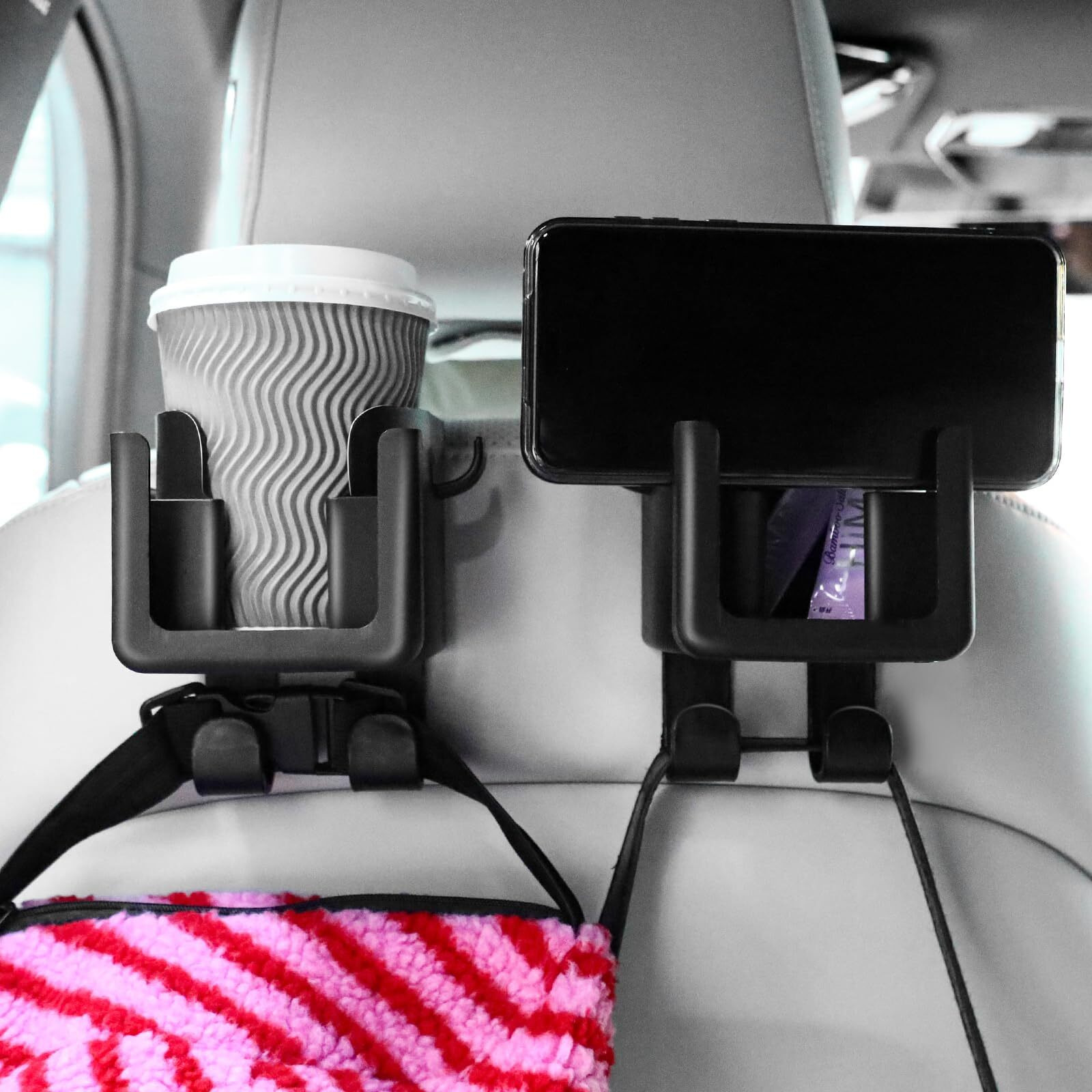 Tallew 2 Pcs Headrest Cup Holder For Back Seat With Large Capacity Multifunctional Hook For Car With Cup Holder Universal 4 In 1 Back Seat For Car Travel Accessories Phone Key Bag Organizer