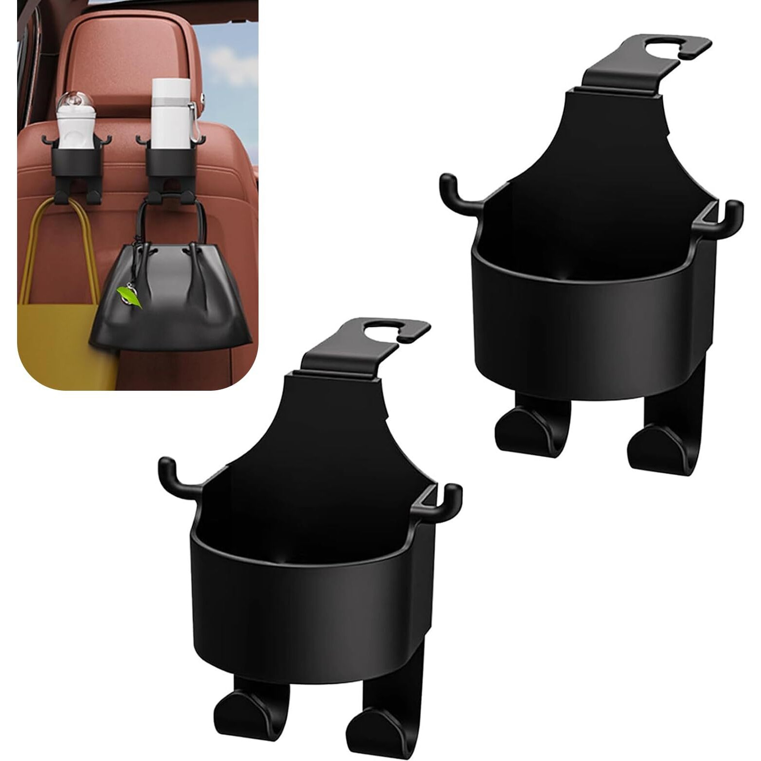 Dacirty 2 Pcs Seat Headrest Cup Holder, 3-In-1 Multi-Function Mobile Phone Holder Hanging Bracket For Handbag Shopping Bag, One-Handed Portable Rear Seat Storage Hook, For Cars Trucks (Black)