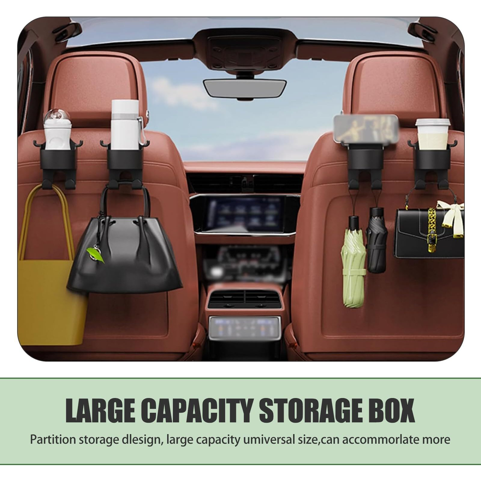 Dacirty 2 Pcs Seat Headrest Cup Holder, 3-In-1 Multi-Function Mobile Phone Holder Hanging Bracket For Handbag Shopping Bag, One-Handed Portable Rear Seat Storage Hook, For Cars Trucks (Black)