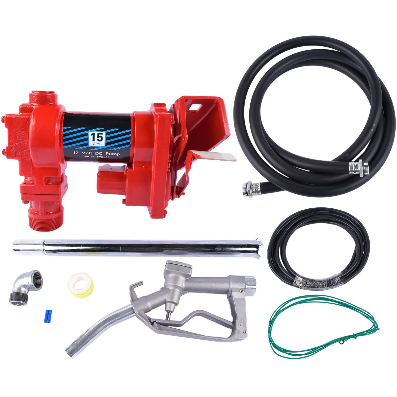 12V 15 Gpm Fuel Transfer Pump 50Amp Fuse With Discharge Hose & Manual Nozzle Kit For Oil Fuel Diesel Biodiesel Ethanol Methanol Blends Kerosene Gasoline - Cast Iron Heavy Duty Pump