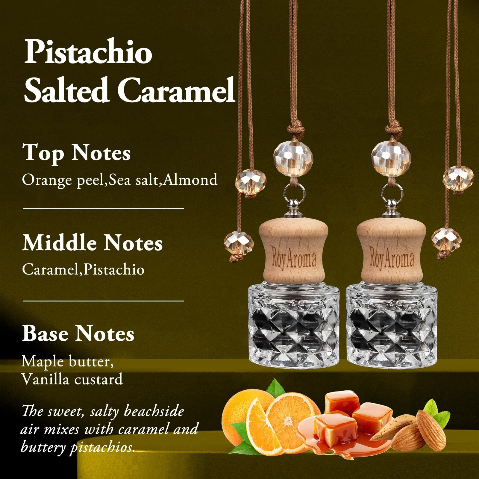 Royaroma Hanging Car Air Freshener, 2 Pack Long Lasting Car Fresheners Up To 30-45 Days, Natural Fragrance Cars Essential Oil Diffuser For Home Office - Pistachio Salted Caramel