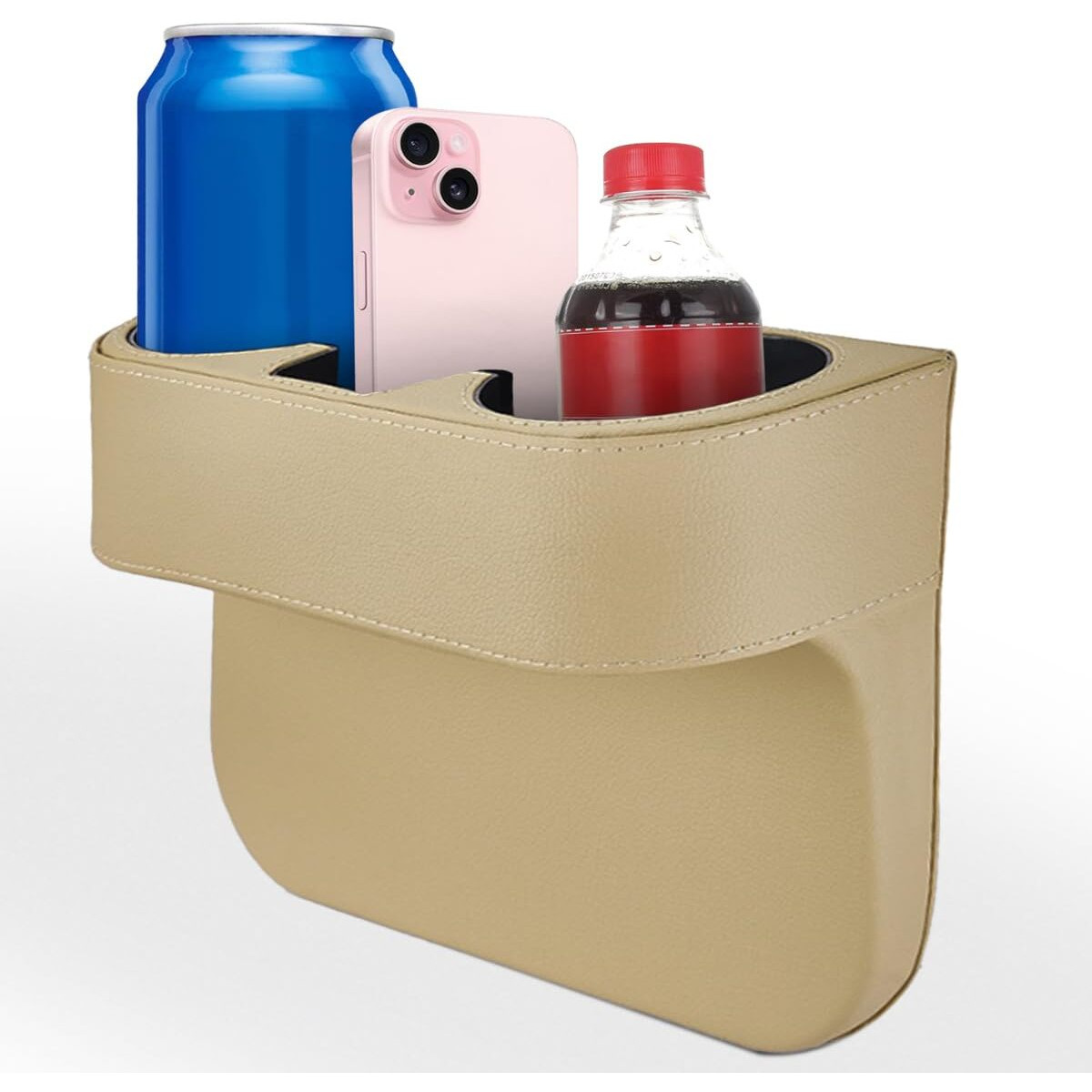 Car Cup Holder, Auto Front Seat Organizer, Multifunctional Cup Drink Holders With Pu Leather Cover, Gap Filler Storage Box Coin Bucket Console Side Pocket Cell Mobile Phone Holder (Beige)