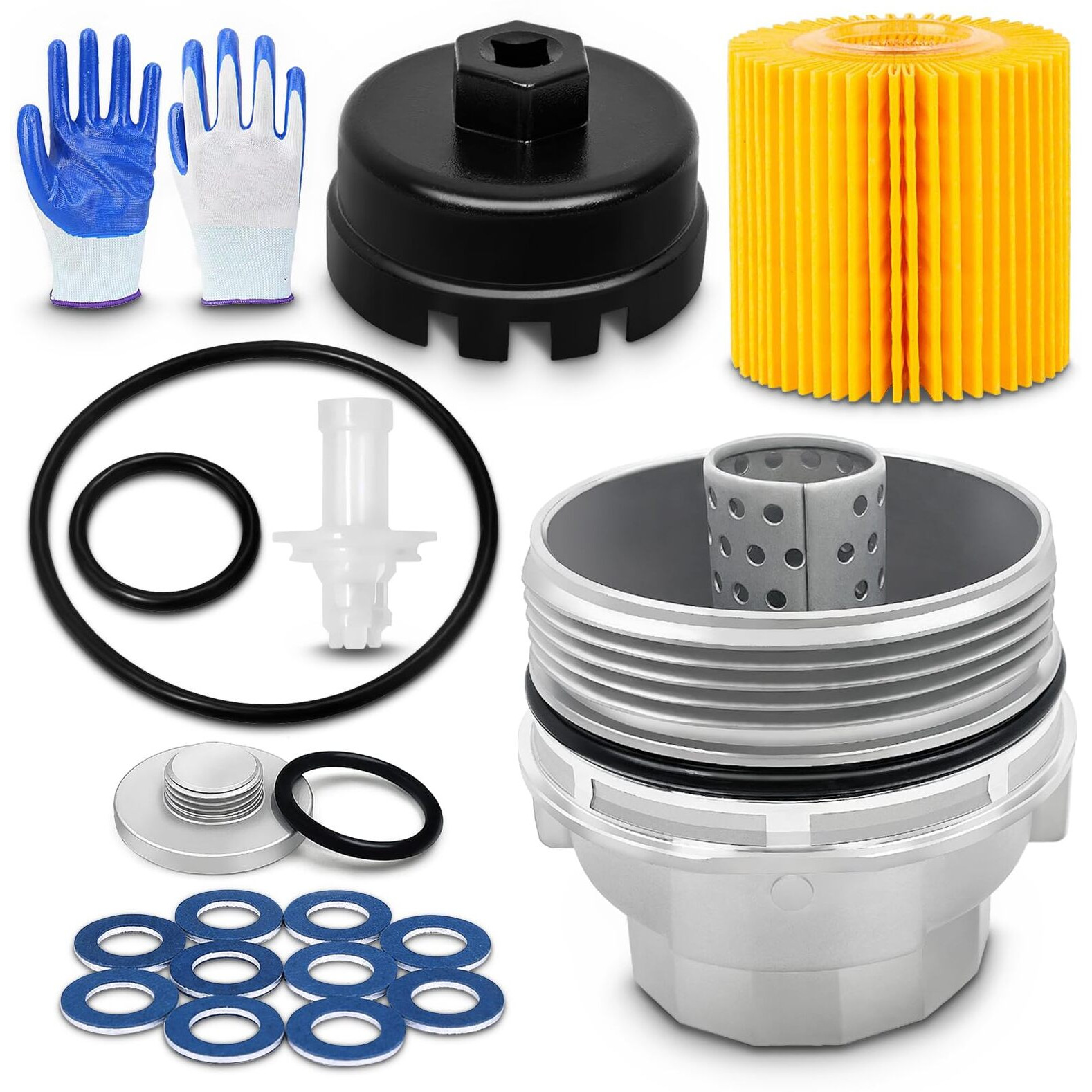 Lobiutiya Oil Change Kit 04152-Yzza1 Oil Filter+15620-31060 Filter Housing Cap+15643-31050 Cap Plug+Oil Filter Wrench+Crush Washer+90430-12031 Aluminum Oil Drain Plug Gaskets (10Pcs) For Toyota