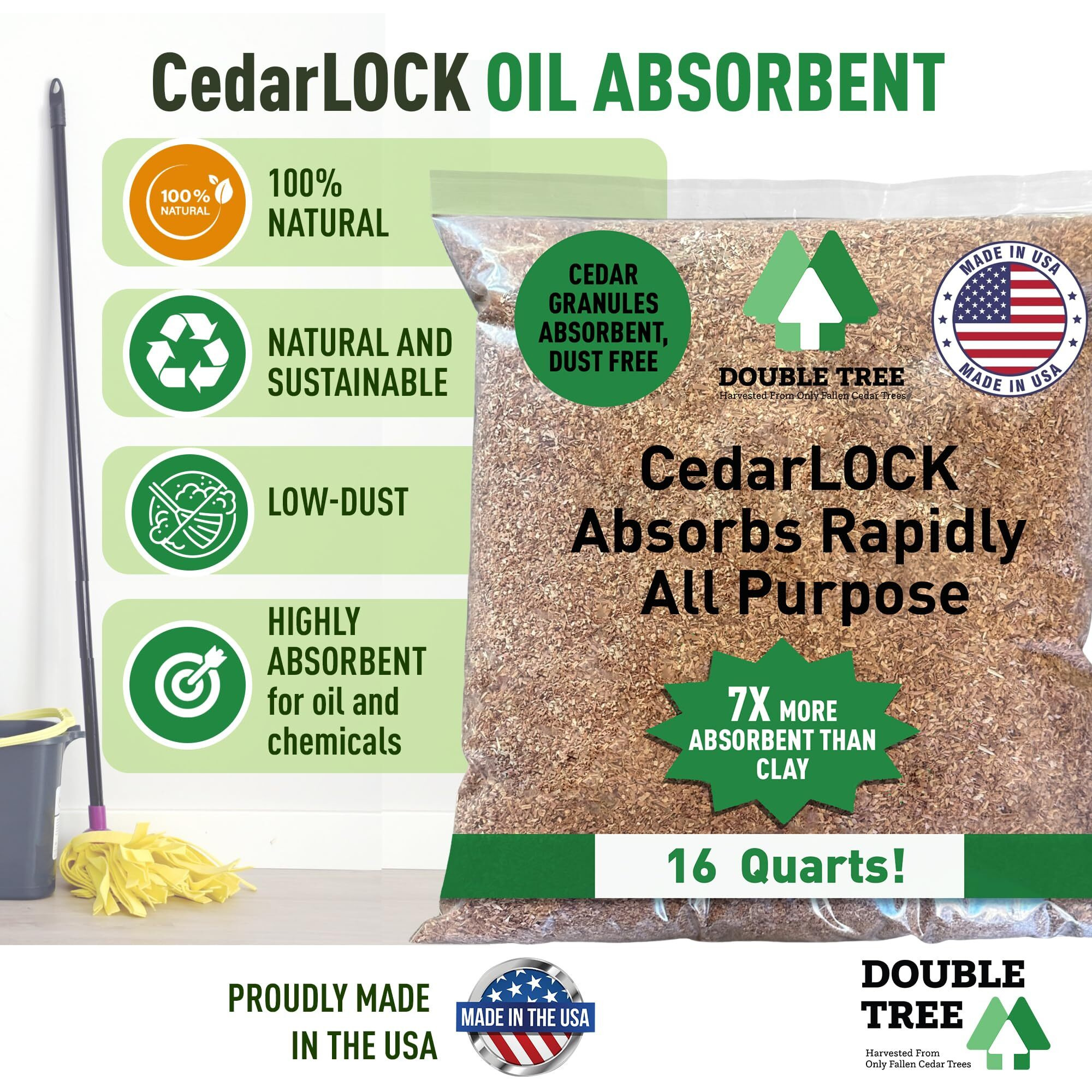 Cedarlock All-Purpose Absorbent - Natures Heavy-Duty Spill Solution, Made From 100% Incense Cedar, Oil Spill Kit Granules, Organic Absorbent Granules, All Types Of Liquid Spills (1 Bag 16 Quarts)