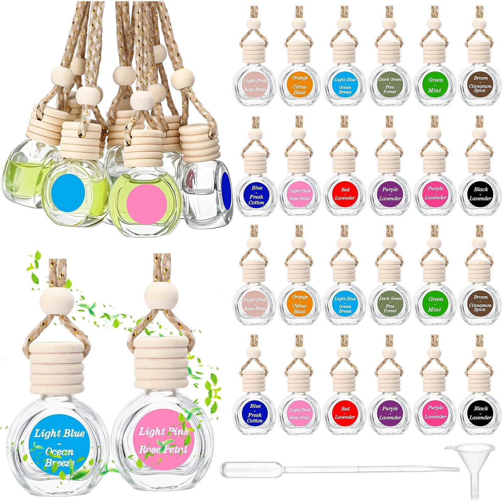 Reallnaive 100 Pcs 10Ml Car Diffuser Bottles Empty Bulk Appreciation Gifts Hanging Glass Car Diffuser Bottles With Labels 12 Color Air Freshener For Essential Oils Aromatherapy Fragrance (Oblate)