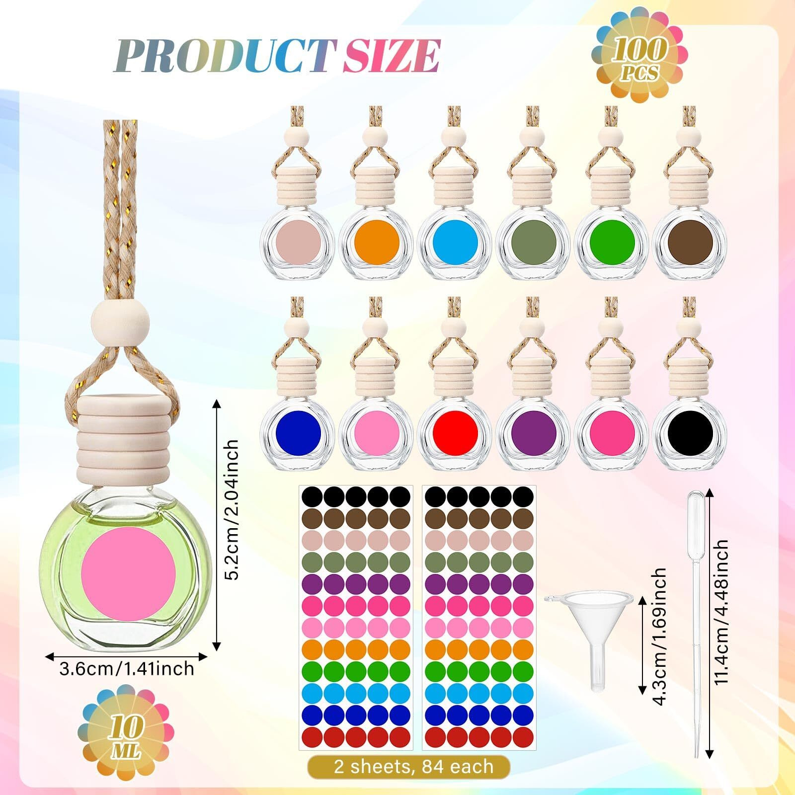 Reallnaive 100 Pcs 10Ml Car Diffuser Bottles Empty Bulk Appreciation Gifts Hanging Glass Car Diffuser Bottles With Labels 12 Color Air Freshener For Essential Oils Aromatherapy Fragrance (Oblate)