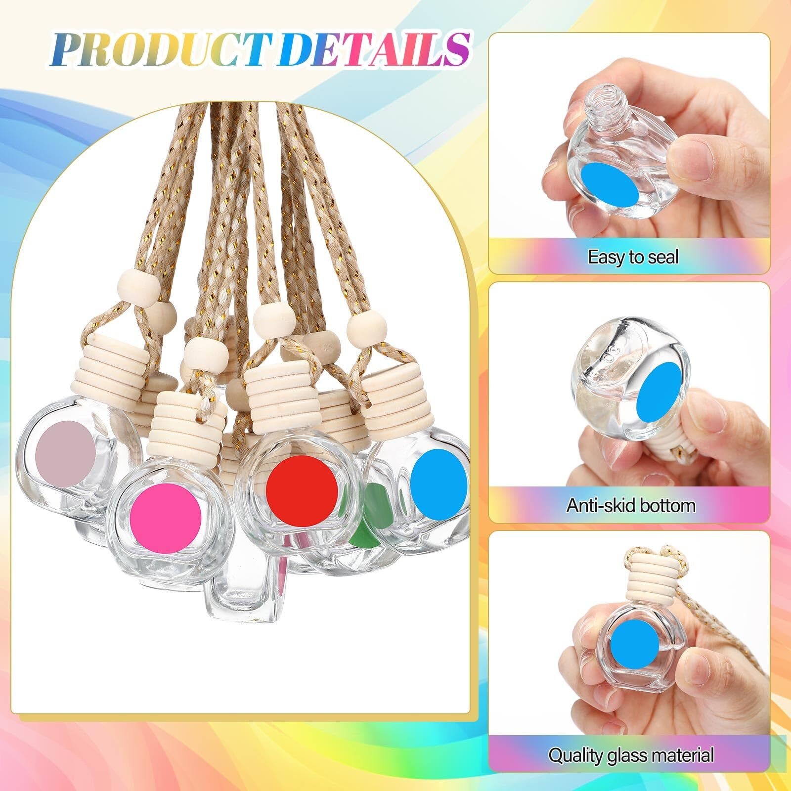 Reallnaive 100 Pcs 10Ml Car Diffuser Bottles Empty Bulk Appreciation Gifts Hanging Glass Car Diffuser Bottles With Labels 12 Color Air Freshener For Essential Oils Aromatherapy Fragrance (Oblate)