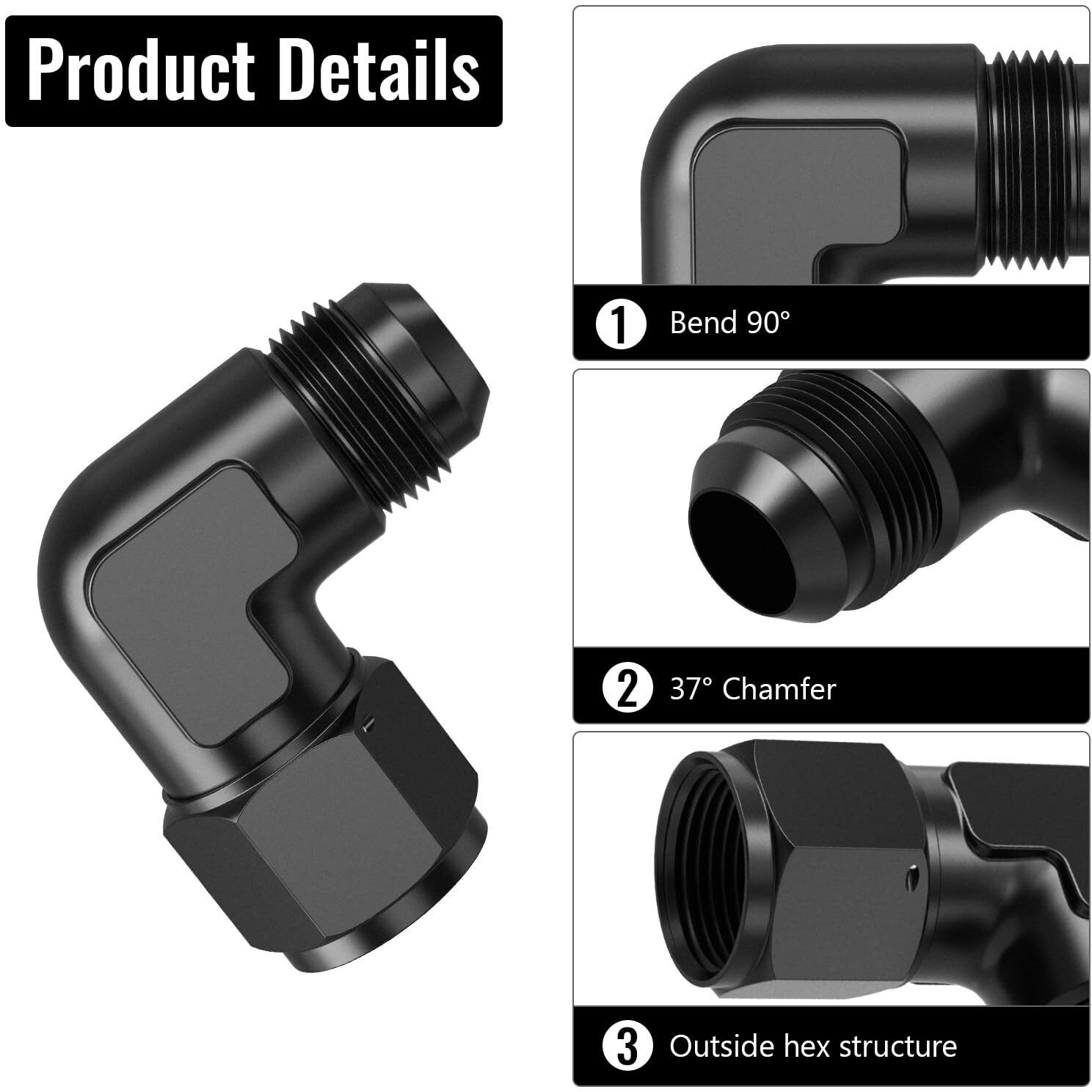 Truckmeter 90 Degree 10An Female To 10An Male Swivel Flare Union Fitting Adapter, Black Hard Aluminum Hex Anodized Connector, Automotive Accessories Suitable For Vehicle Fuel Oil Line Modification