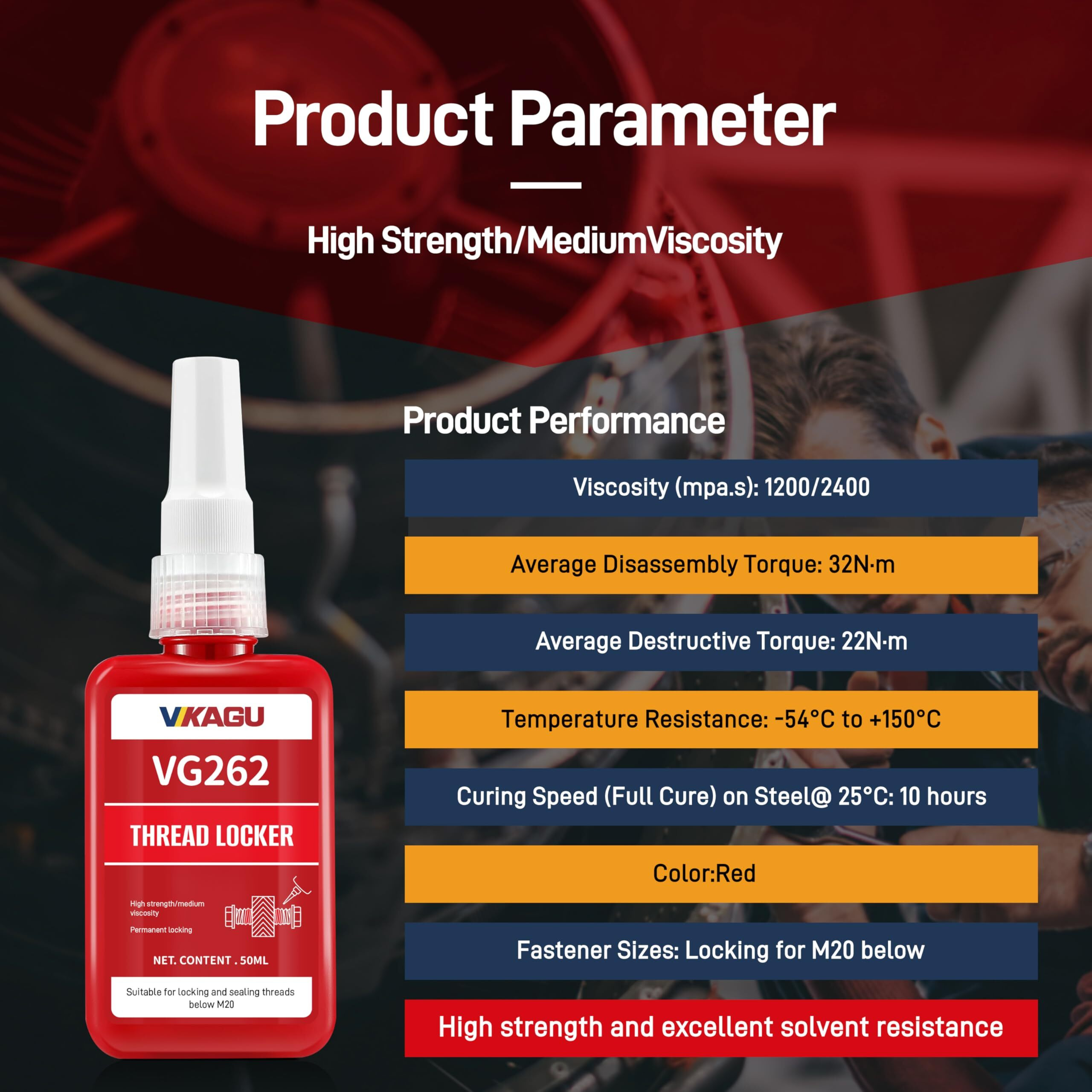 Vikagu 262 Thread Lock,Red High Strength Threadlocker,Anaerobic Curing Screw Glue,Oil Tolerant, Resists Heat 1.69Oz/50Ml