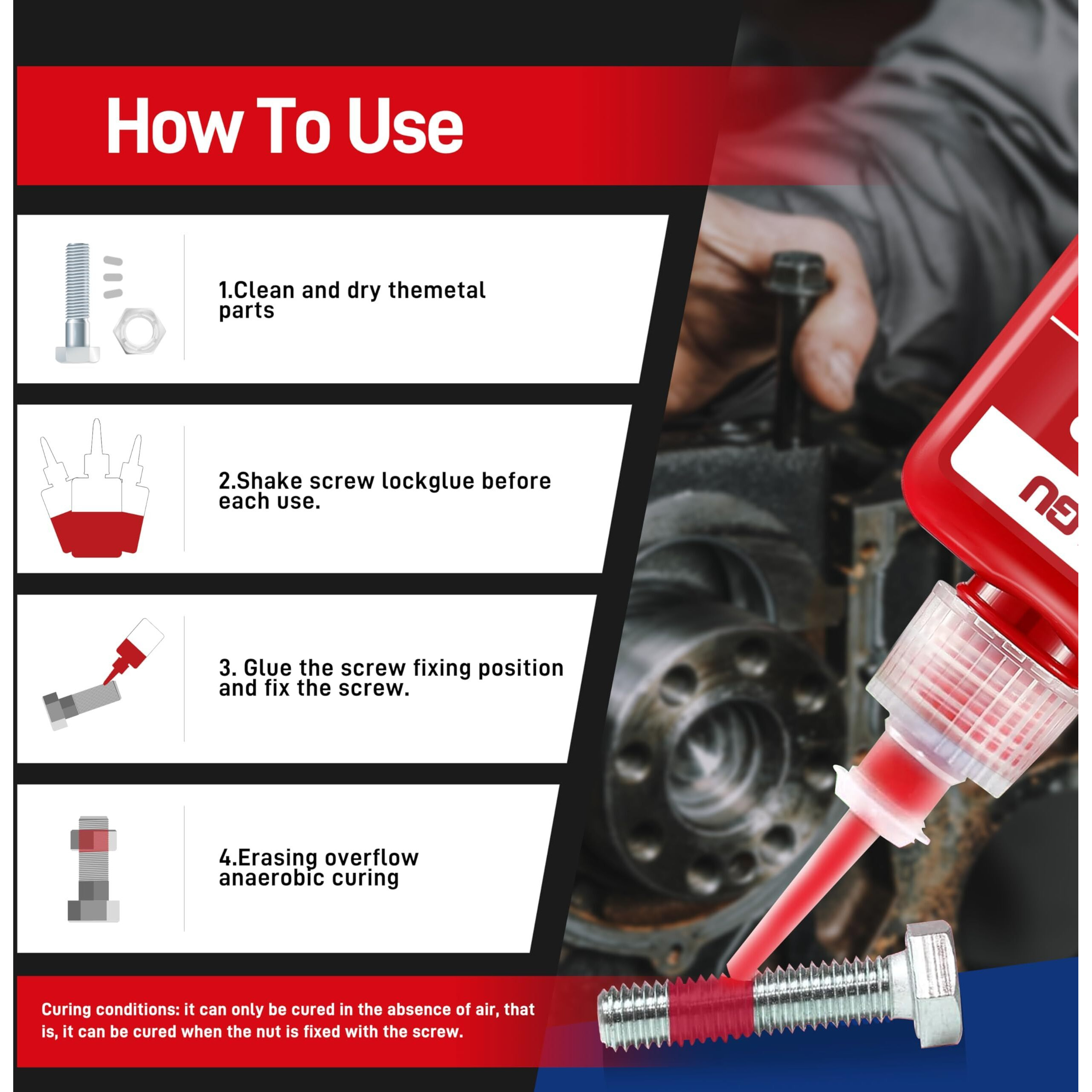 Vikagu 262 Thread Lock,Red High Strength Threadlocker,Anaerobic Curing Screw Glue,Oil Tolerant, Resists Heat 1.69Oz/50Ml