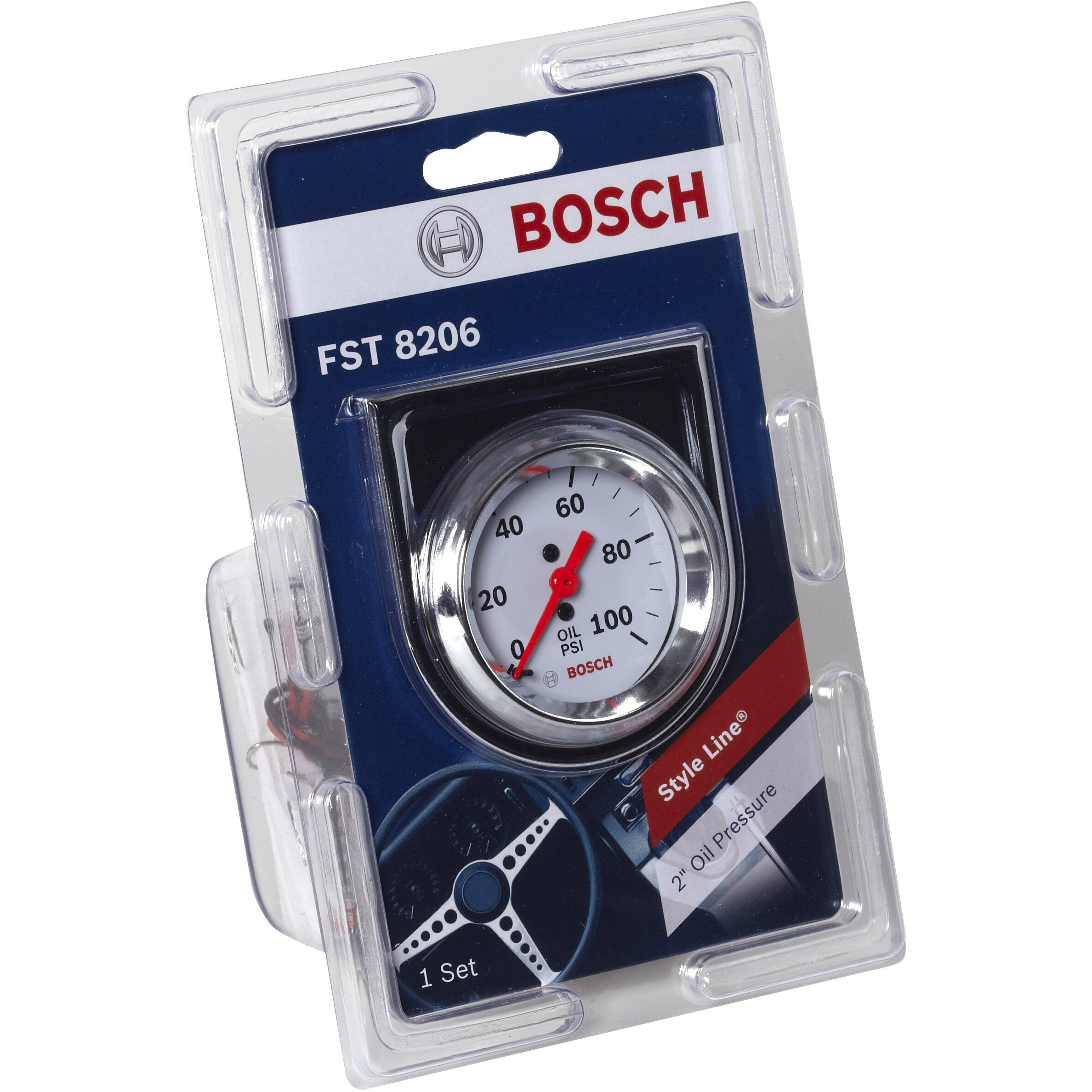 Bosch Sp0F000044 Style Line 2"" Mechanical Oil Pressure Gauge (White Dial Face, Chrome Bezel)