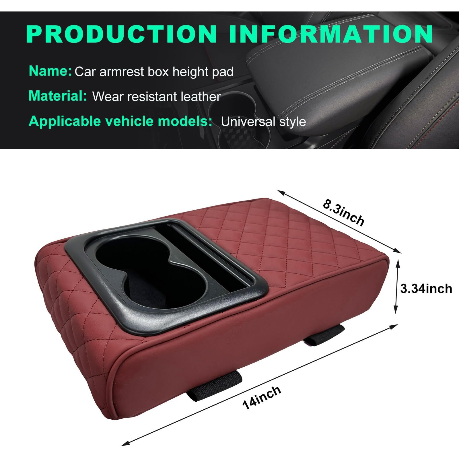 Suvnie Car Center Console Armrest Pillow, Memory Foam Auto Armrest Box Cover With Cup Holder & Phone Holder, Waterproof Leather Arm Rest Protector Cushion, Interior Car Accessories (Diamond, Wine Red)