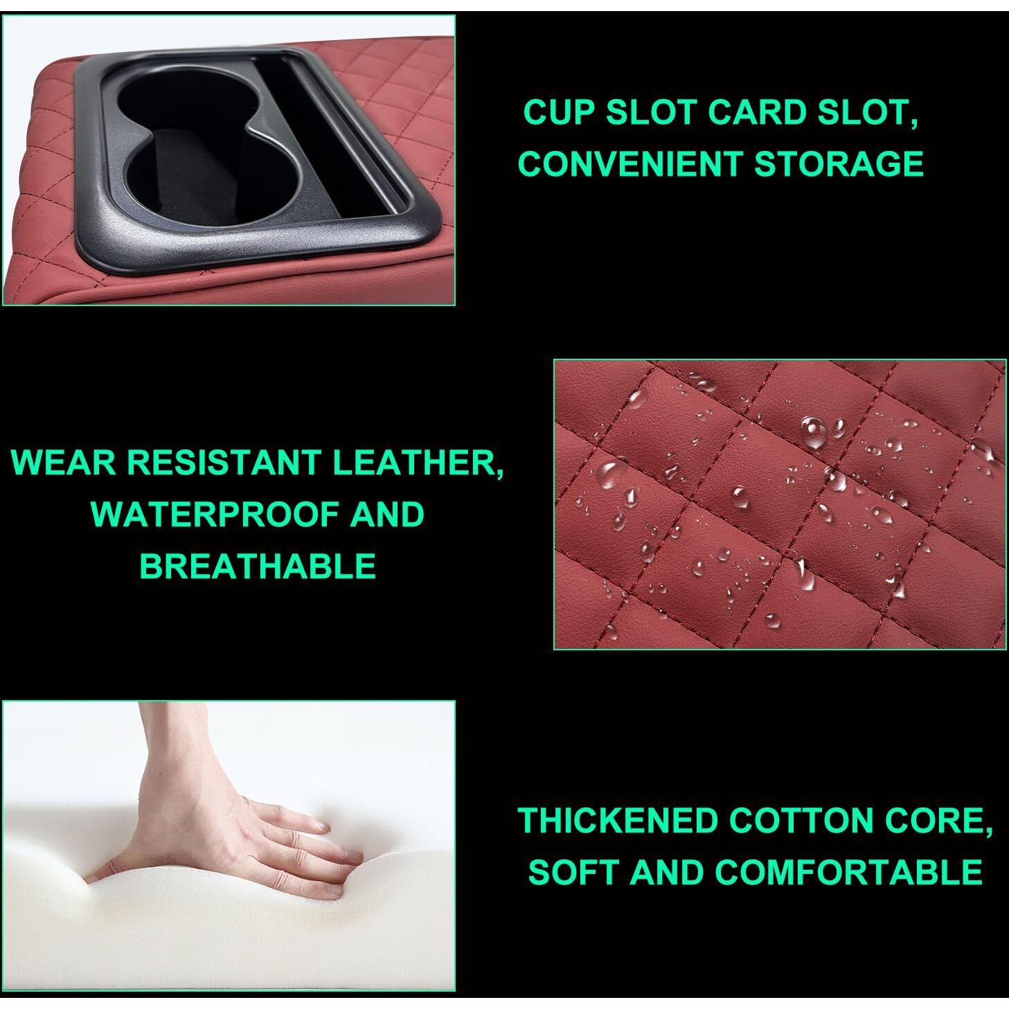 Suvnie Car Center Console Armrest Pillow, Memory Foam Auto Armrest Box Cover With Cup Holder & Phone Holder, Waterproof Leather Arm Rest Protector Cushion, Interior Car Accessories (Diamond, Wine Red)