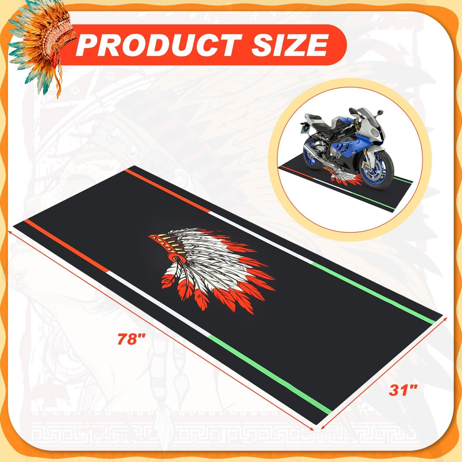 Drydiet Motorcycle Mat 78 X 31 Inch Garage Floor Rug Washable Parking Mats For Garage Floors Non Slip Oil Absorbent Pad Rubber Backing Layer Protects Floor From Spills Drips Stains(Indian Style)