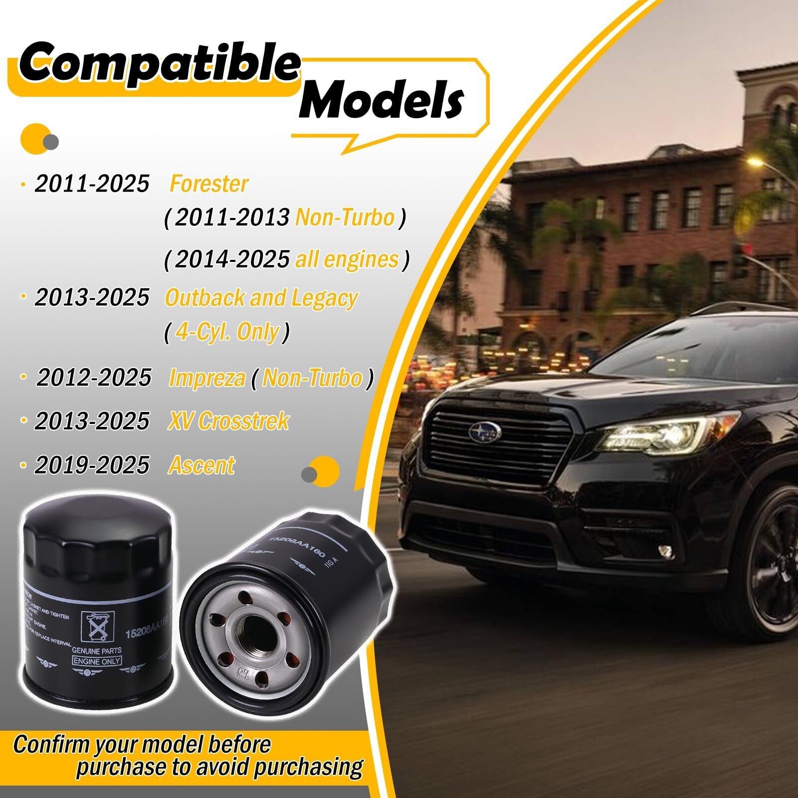 15208Aa21A Engine Oil Filter Compatible With 2011-2025 Subaru Outback Legacy Impreza Forester Xv Crosstrek Ascent Replace 15208Aa160 15208Aa20A (2 Pack)