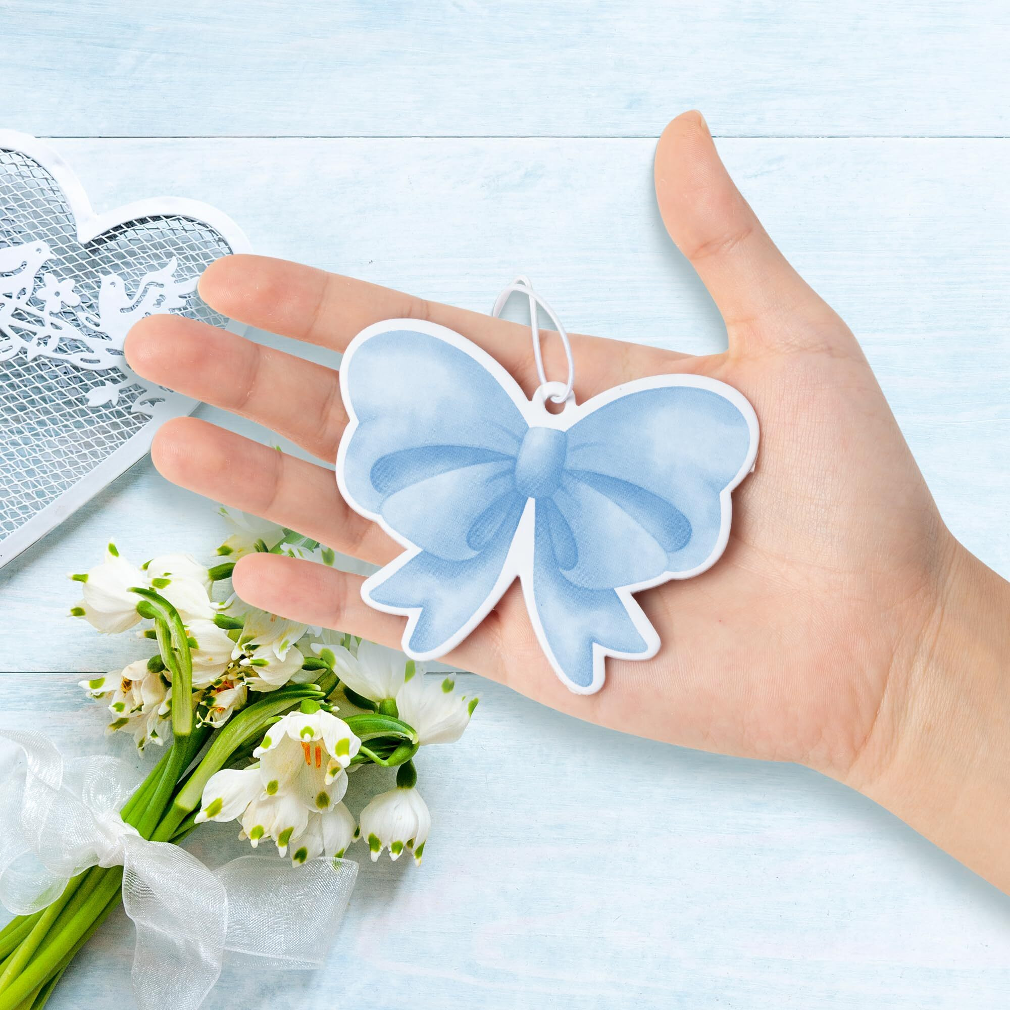 A1Diee 12Pcs Blue Coquette Bow Air Freshener Hanging, Light Blue Aesthetic Diffuser Ornaments Refresh Air Fragrant Pendant, Car Interior With Essential Oils Gift Set Long-Lasting For Car Accessories