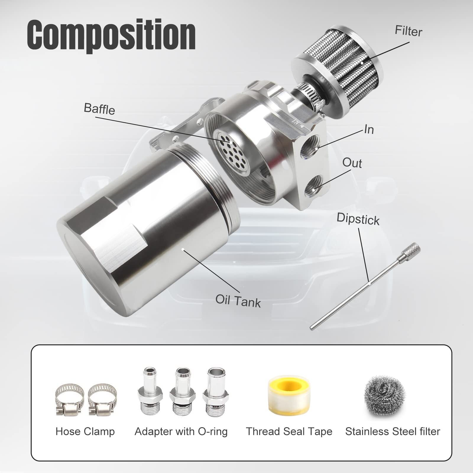 Htostar Racing Thick Shell Baffled Oil Catch Can Coolant Fuel Catch Can Reservoir Kit With Breather - Silver