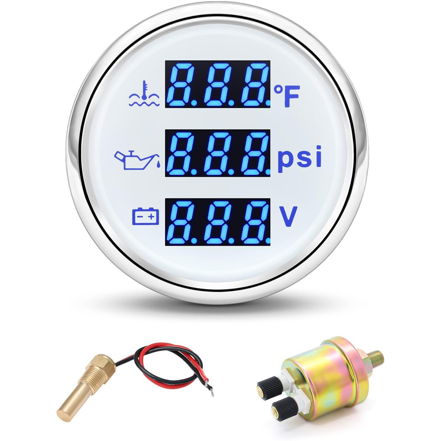 Artilaura Triple Gauge Set 3In1 (Oil Pressure+ Water Temperature + Voltmeter) 2"" 52Mm Blue Backlight Auto Boat Gauge Kit With Sensor (White)