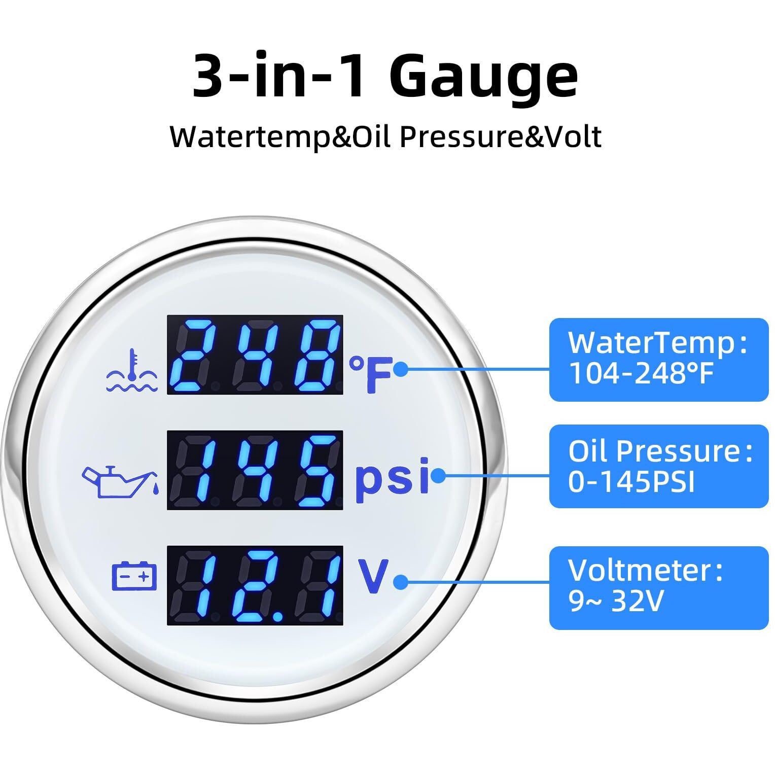 Artilaura Triple Gauge Set 3In1 (Oil Pressure+ Water Temperature + Voltmeter) 2"" 52Mm Blue Backlight Auto Boat Gauge Kit With Sensor (White)