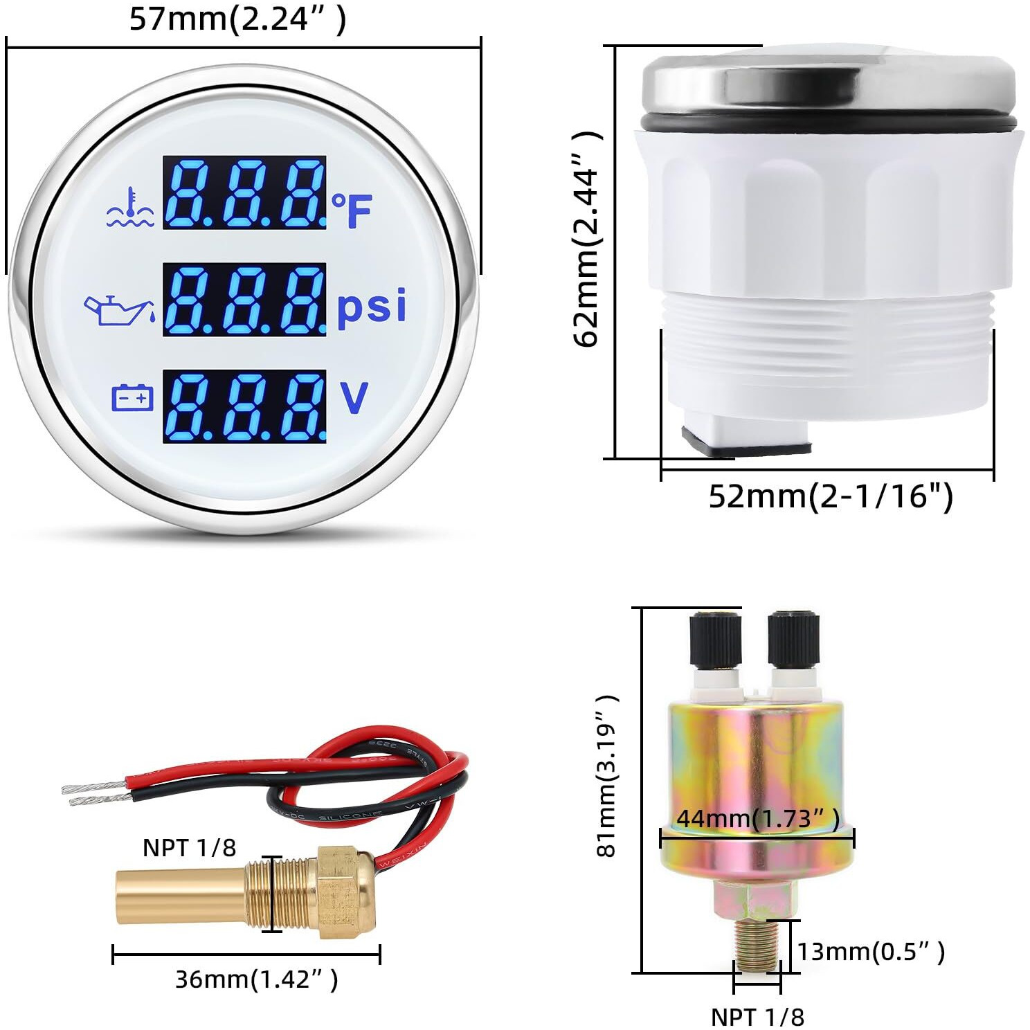 Artilaura Triple Gauge Set 3In1 (Oil Pressure+ Water Temperature + Voltmeter) 2"" 52Mm Blue Backlight Auto Boat Gauge Kit With Sensor (White)