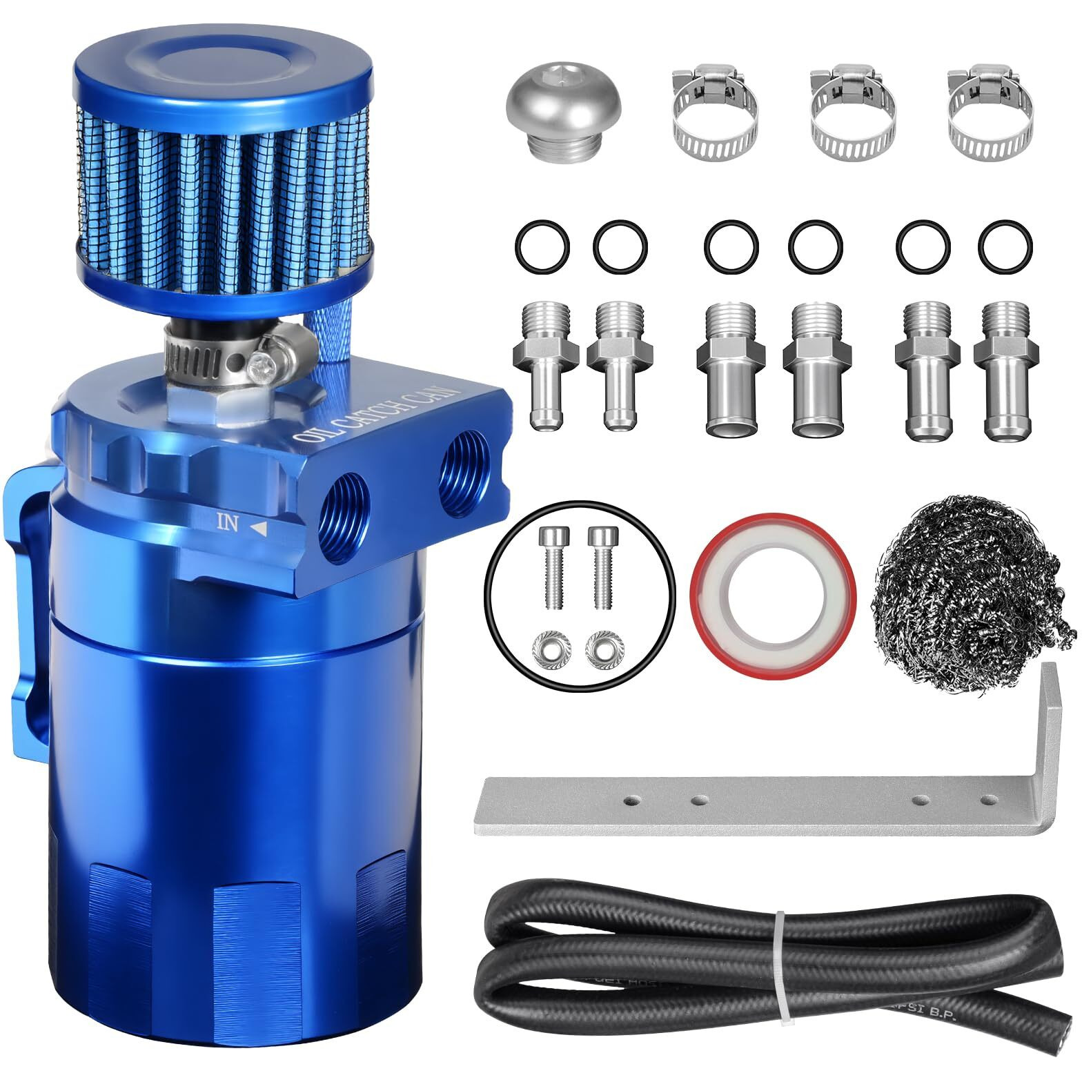 Vehimata Oil Catch Can Kit, 300Ml Universal Baffled Catch Can With Breather Filter, Air Oil Separator Tank With 2.6Ft Nbr Fuel Hose For Pcv System Aluminum Blue