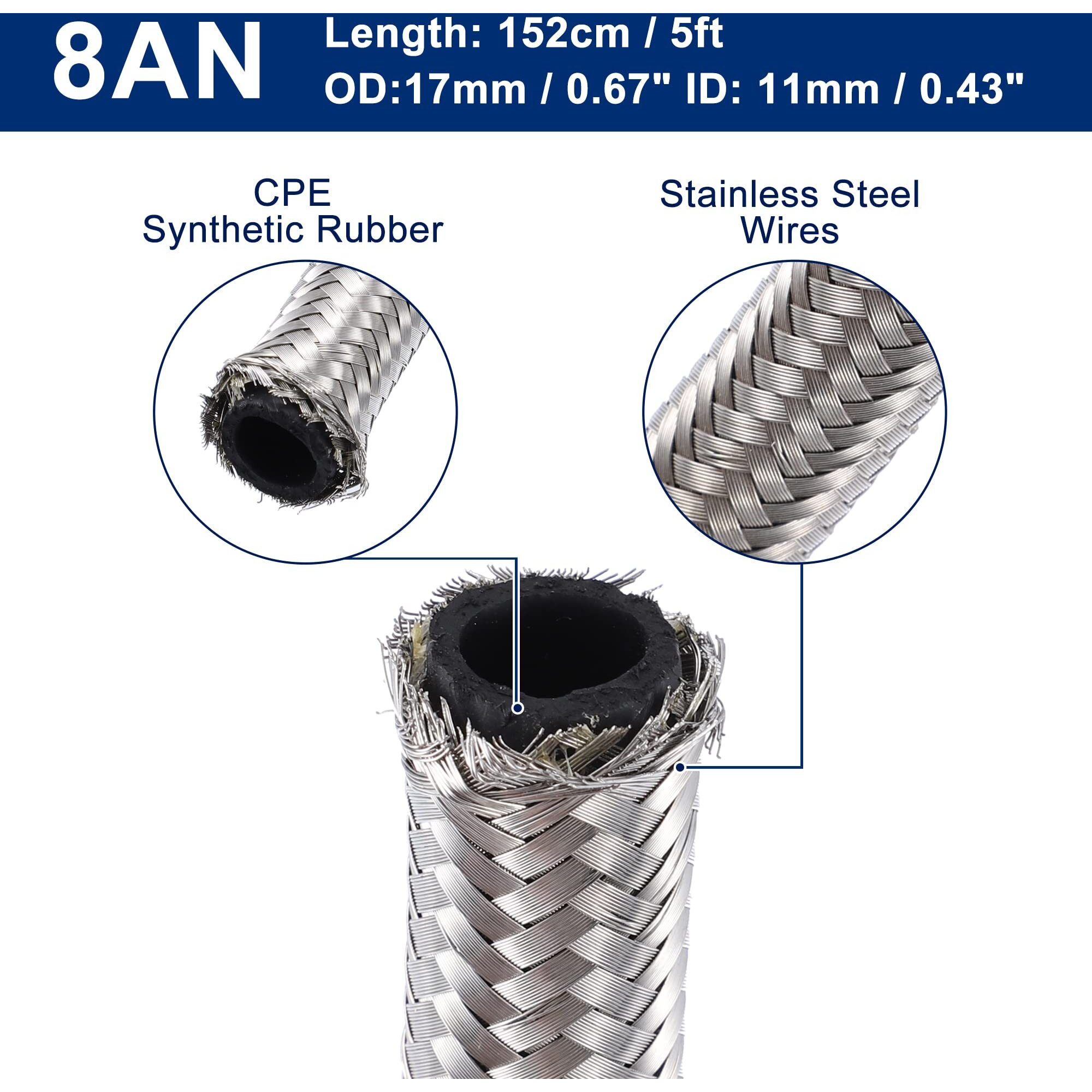 X Autohaux 5Ft 8An Fuel Hose An8 Universal Car Braided Stainless Steel Cpe Oil Fuel Gas Line Hose Silver Tone