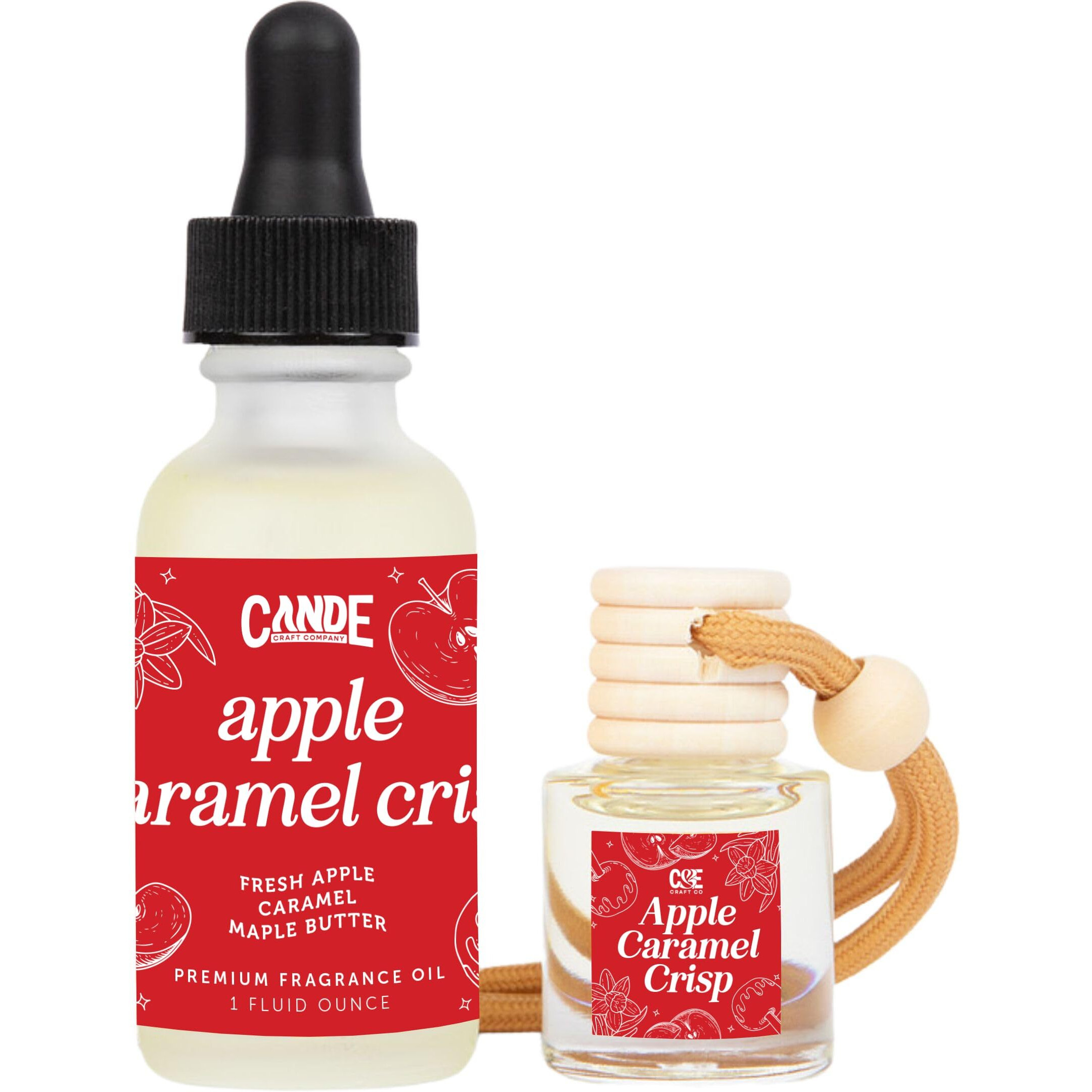 Car Air Freshener & Refill Bundle - Hanging Scent Diffuser For Car, Long-Lasting Essential Oil Car Fragrance, Reusable Glass Bottle + Refill, 2 Pack (Apple Caramel Crisp)