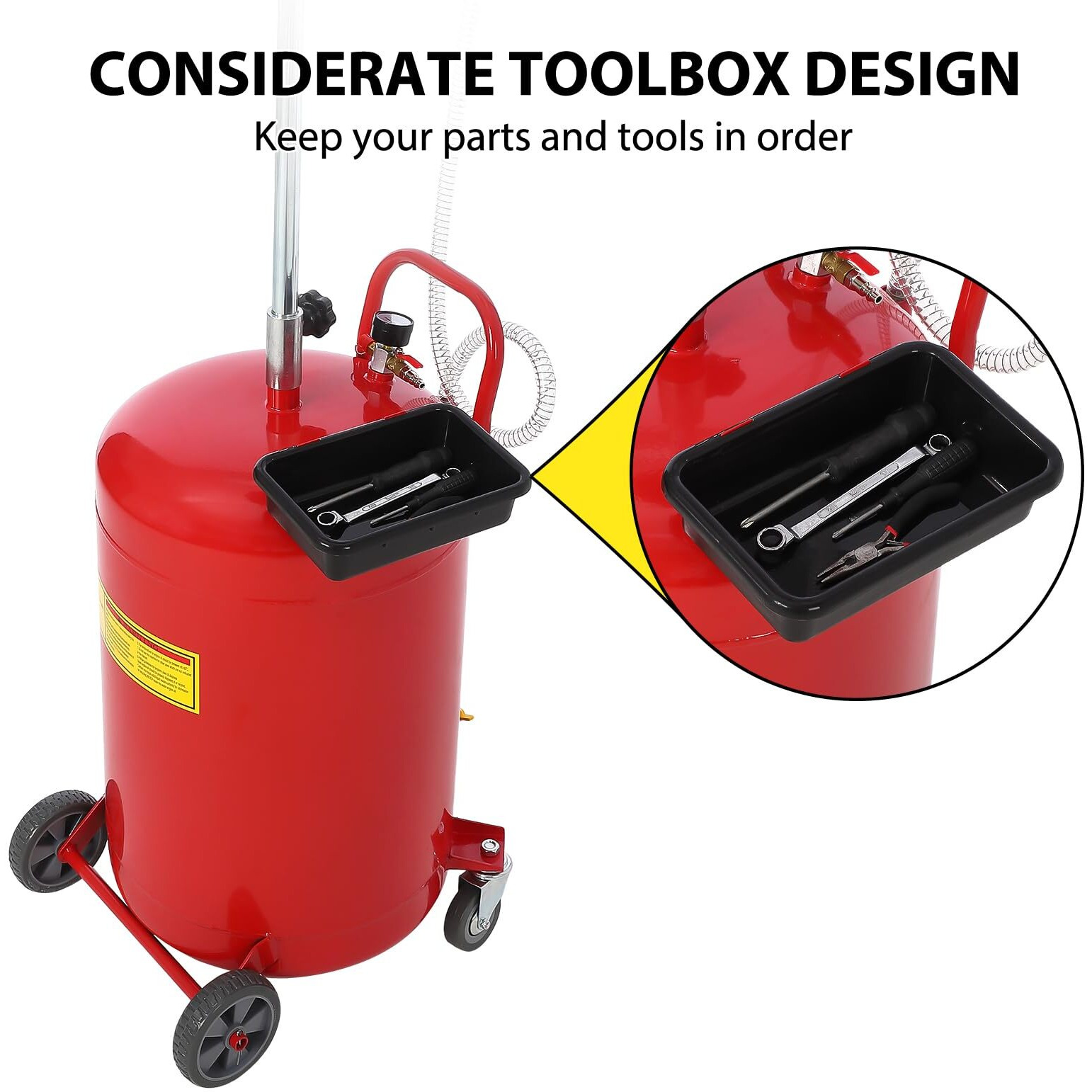 Garvee 20 Gallon Waste Oil Drain Tank, Portable Oil Drain Container, Air Operated Drainer, Fluid Fuel Transfer Drainage, Adjustable Funnel Height With Wheel &15'' Premium Bowl And A Toolbox, Red