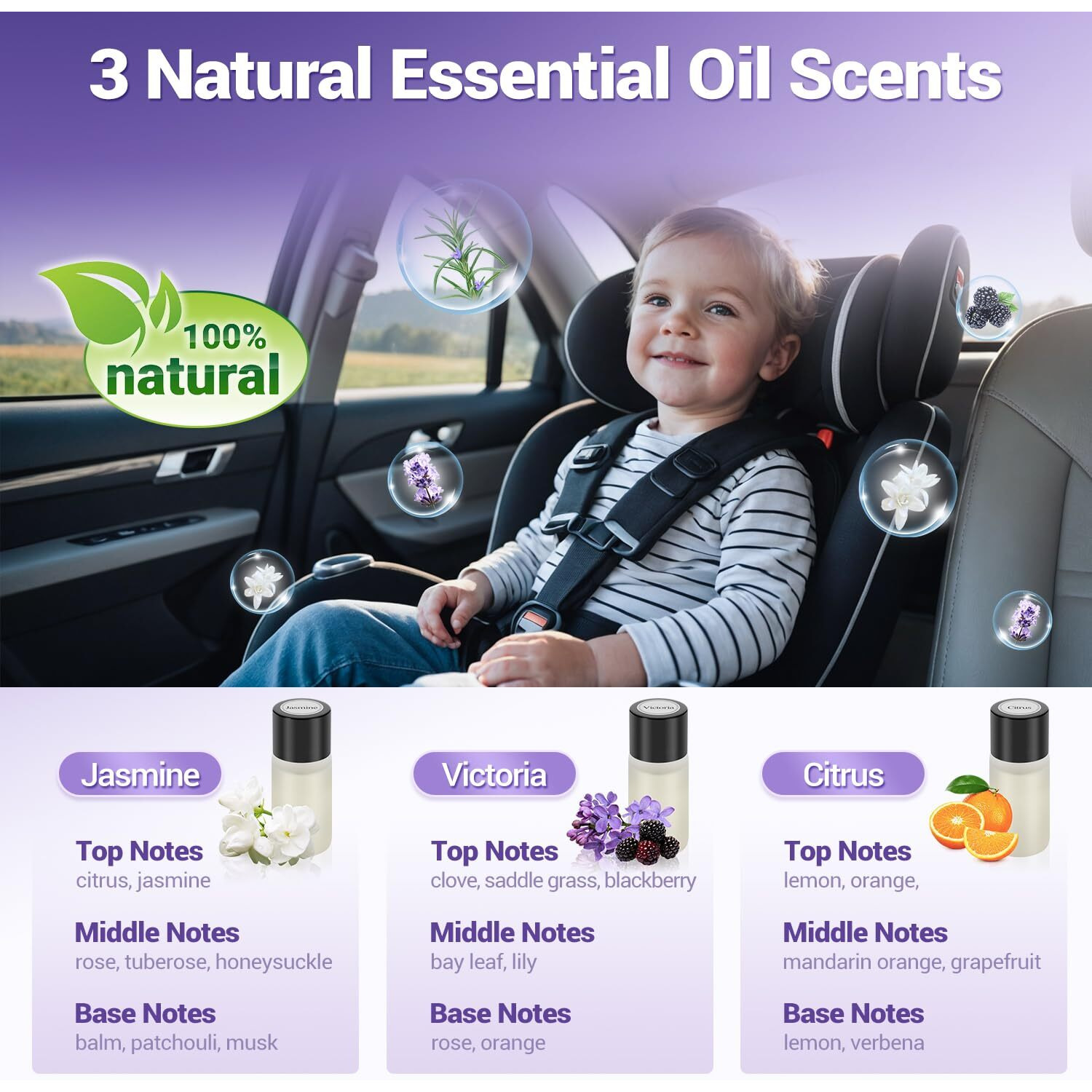 Smart Car Air Freshener, Diy Car Air Freshener Diffuser, Three Adjustable Modes Car Diffuser Freshener, Rechargeable Aromatizante Para Carro With 3Pcs Different Essential Oil For Women, Black