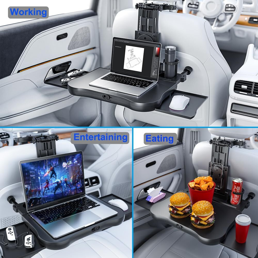Fanxin Car Back Seat Tray With Extendable Table, Car Desk For Laptop With Phone Holder, Foldable Trays For Eating & Working, Car Travel Tray Table For Rear Passenger