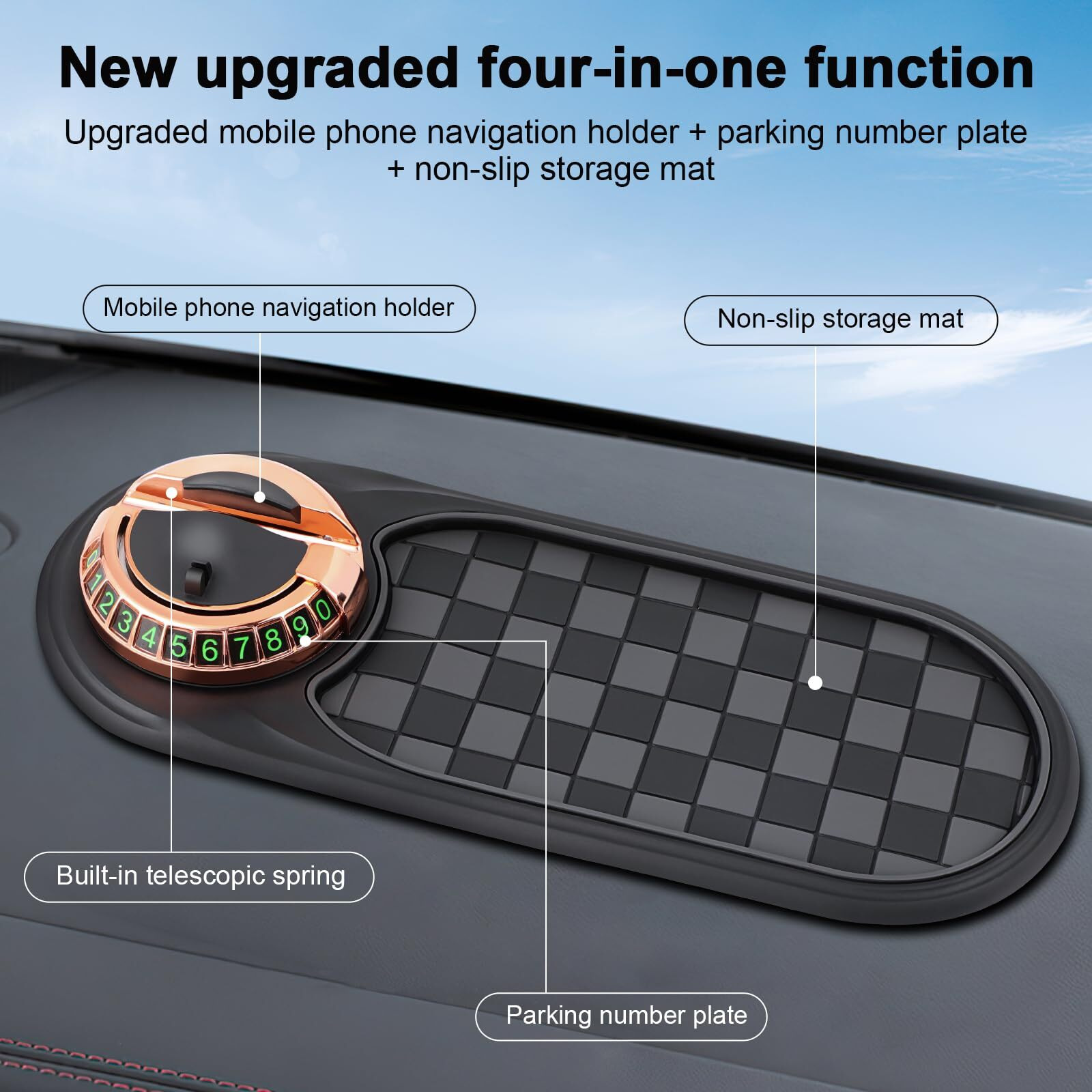 Multifunction Car Anti-Slip Mat,Portable Electronic Device Mount,Universal Phone Holder,Rotatable Anti Skid Car Dashboard Pad With Temporary Parking Numbe For Phones, Keys, Gadgets (Black)