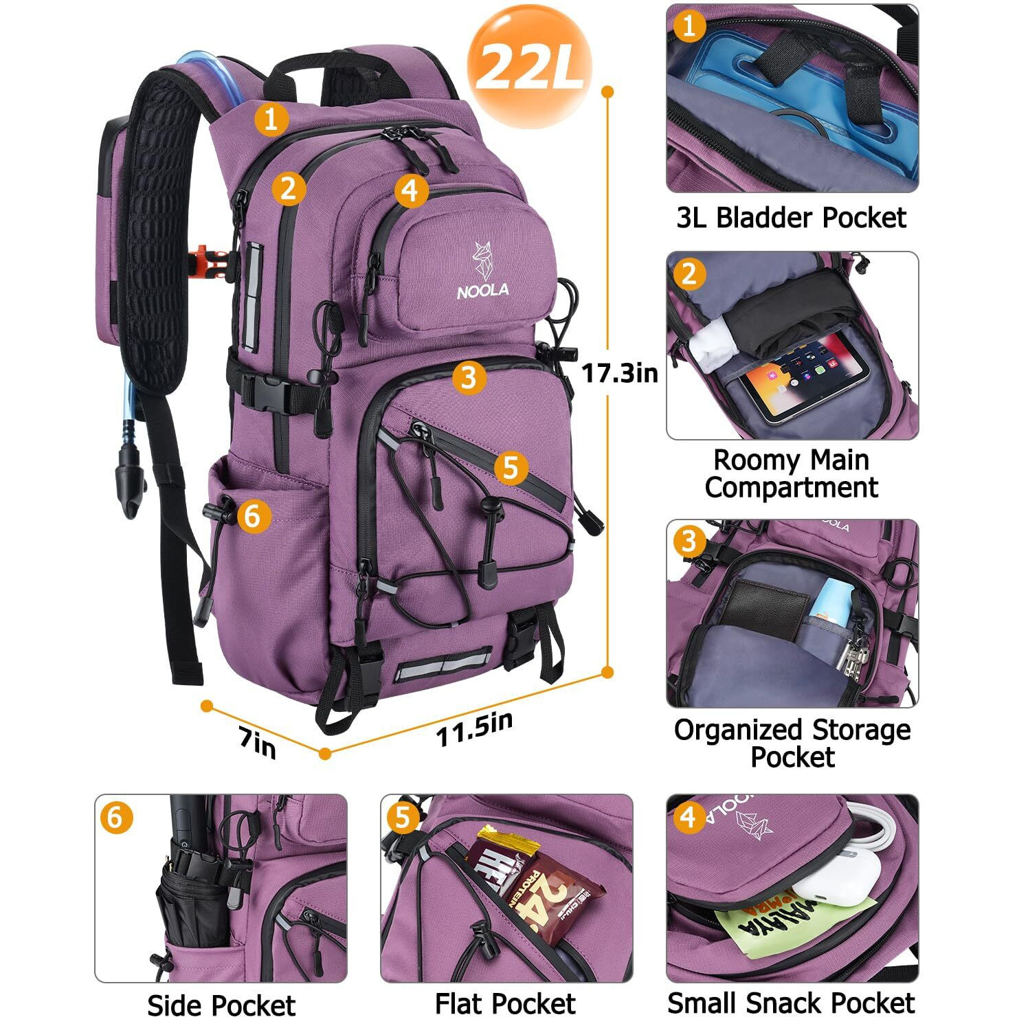 Noola Hydration Backpack With 3L Water Bladder - 22L Water Backpack For Hiking, Cycling, Running, Biking - Lightweight Hiking Pack Bag With Rain Cover, Phone Holder And Trekking Pole Holders, Purple