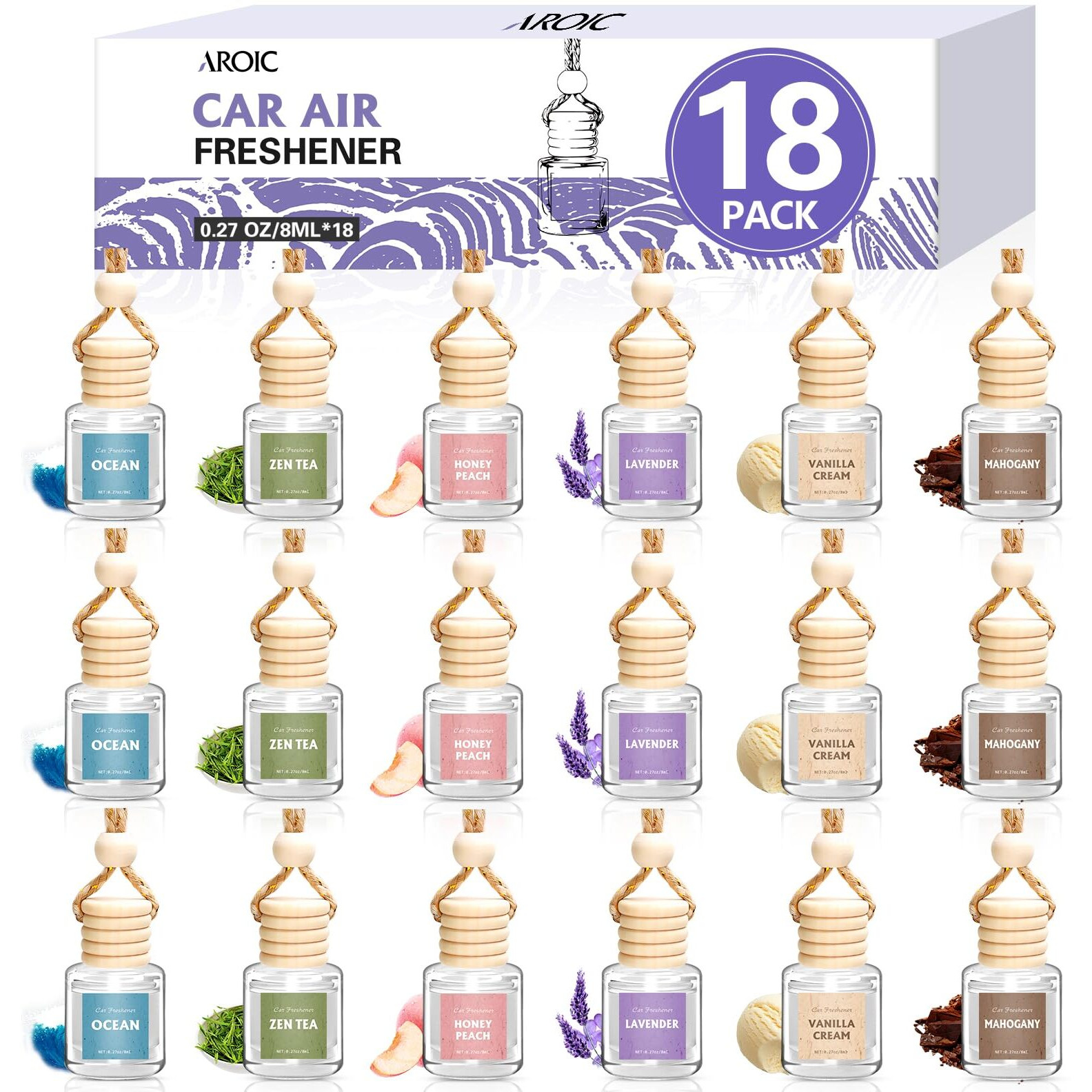 Aroic Drift Car Air Freshener, 18 Pack Long Lasting Hanging Car Air Freshener Diffuser Set For Women & Men, 6 Premium Scents Essential Oil Vehicle Aroma Fragrance Gift (8Ml Each)