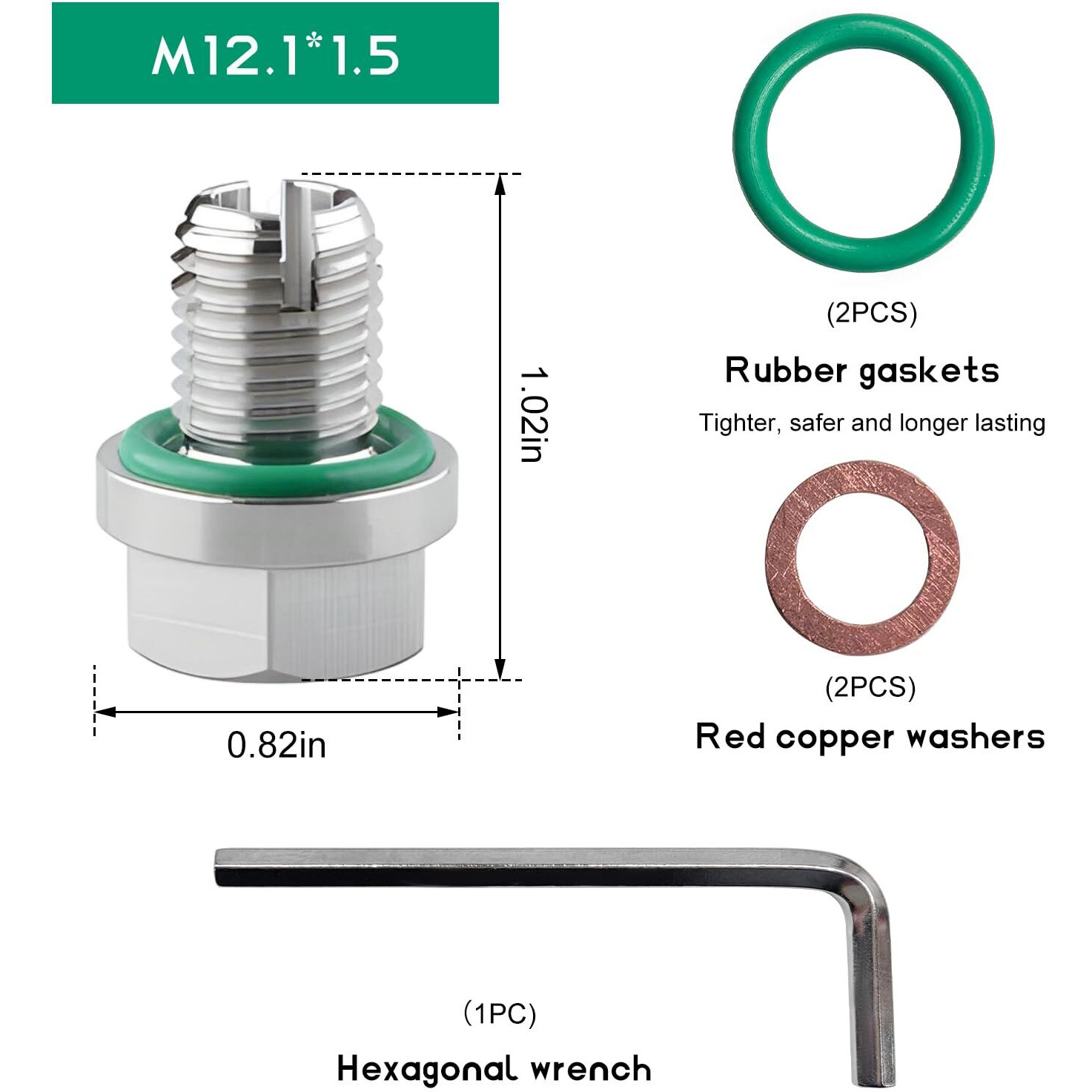Fsturios M12.1-1.5 X 15Mm Oversize Piggyback Oil Drain Plug, Stainless Steel Self Tapping Drain Plug Replacement, Leak-Proof Oil Pan Thread Repair Kit With O-Ring Hexagonal Wrench