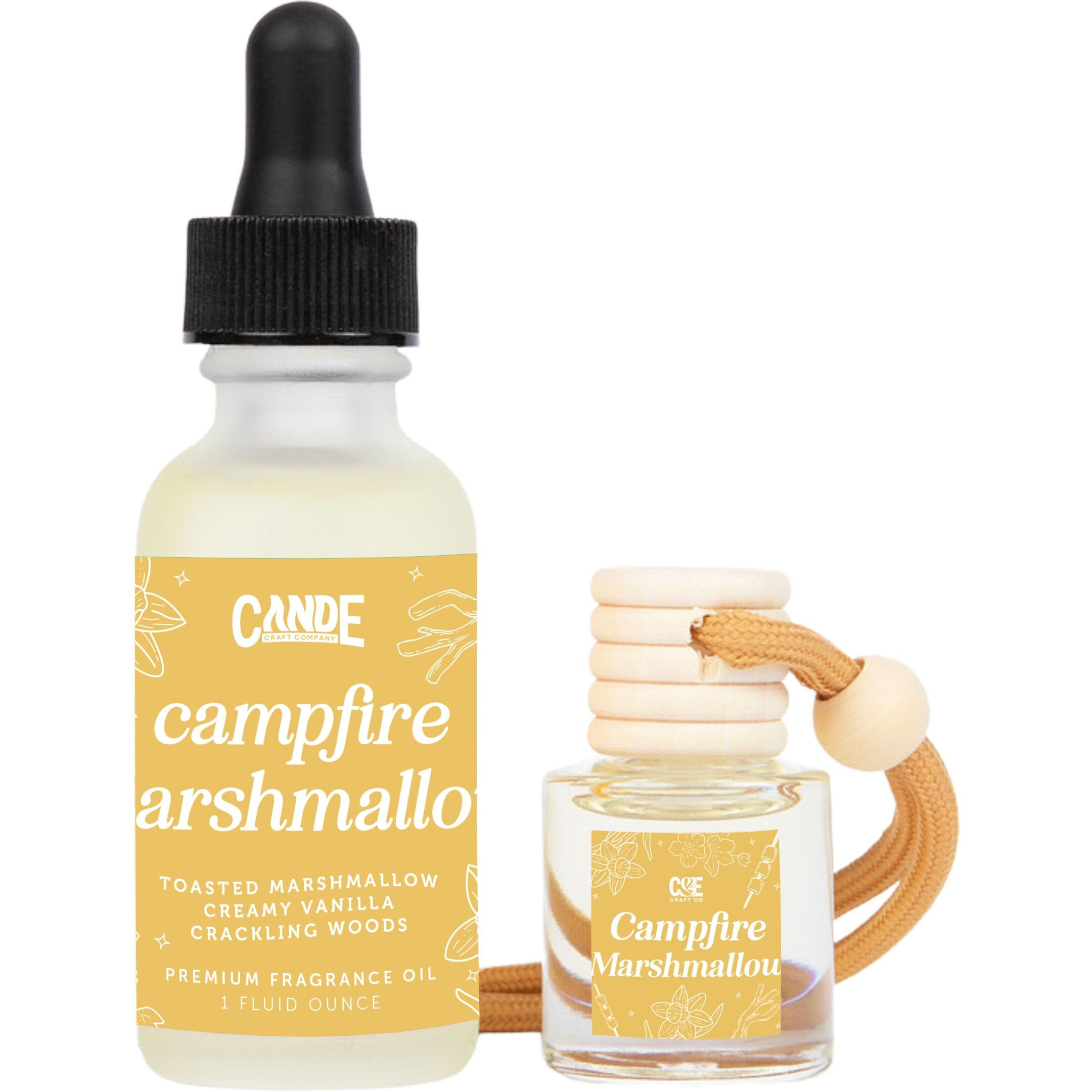 Car Air Freshener & Refill Bundle - Hanging Scent Diffuser For Car, Long-Lasting Essential Oil Car Fragrance, Reusable Glass Bottle + Refill, 2 Pack (Campfire Marshmallow)