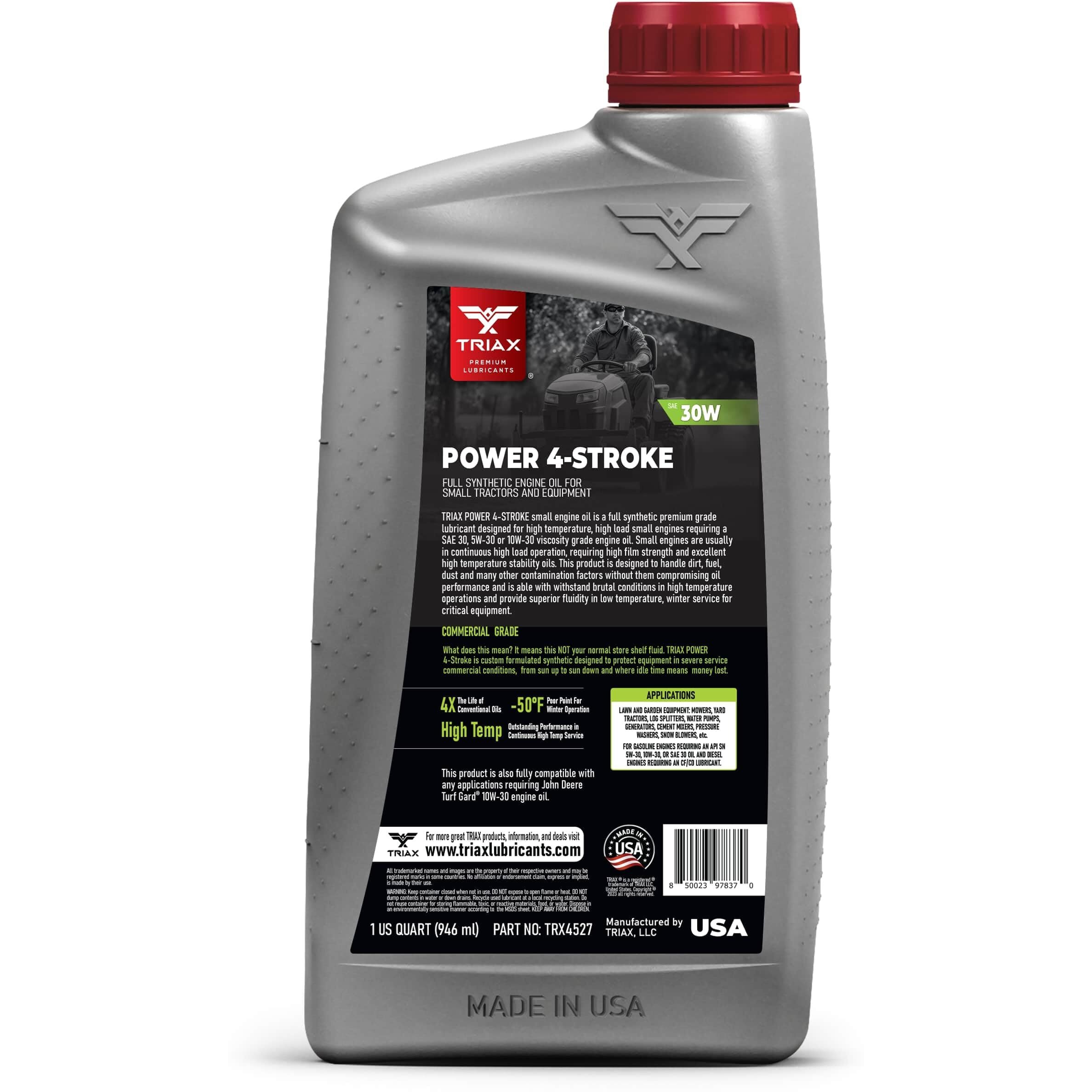 Triax Power 4-Stroke 30W Full Synthetic, 4 Stroke Full Synthetic Small Engine Oil, Garden Tractors And Other Power Equipment (1 Quart)