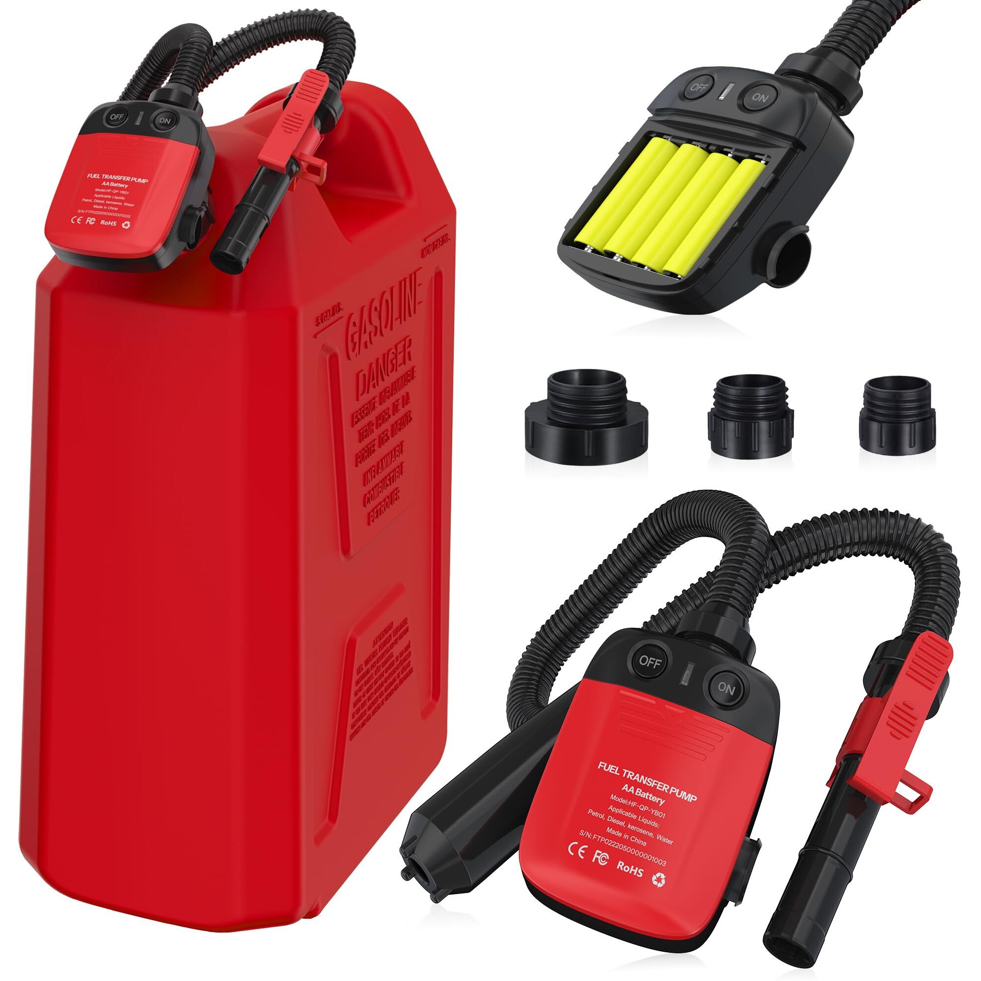 Automatic Fuel Transfer Pump With Auto Stop Sensor, Fast 2.4Gpm, 42-Inch Hose, Overfill Protection, Aa Battery Powered Portable Gas Can Pump With 3 Adapters For Gasoline, Kerosene, Diesel,Oil